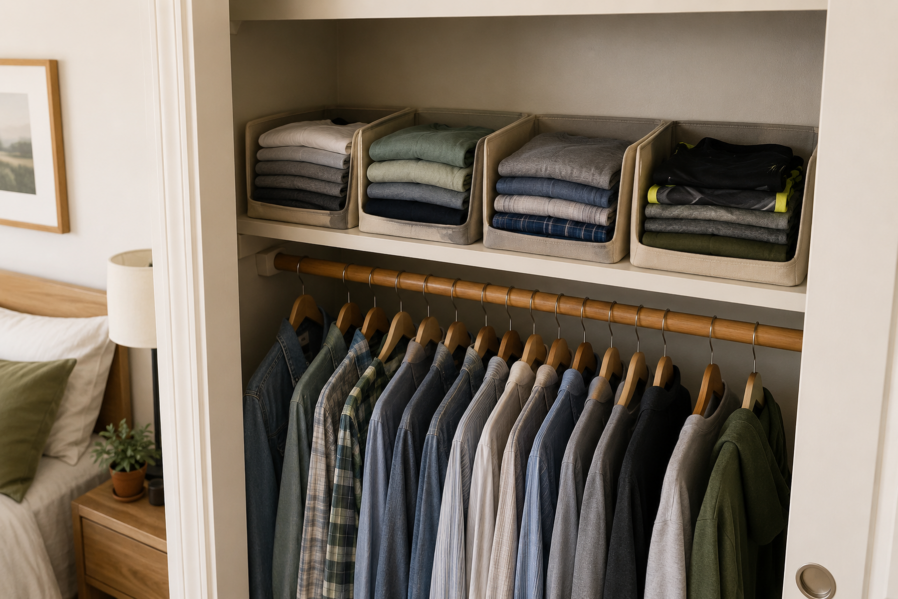 Four open fabric bins separate folded clothes on an existing shelf above hanging shirts in a compact reach-in closet.