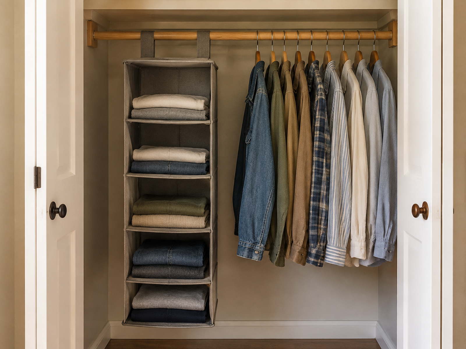 A fabric compartment organizer uses part of one closet rod for folded clothes while shirts remain hanging beside it.
