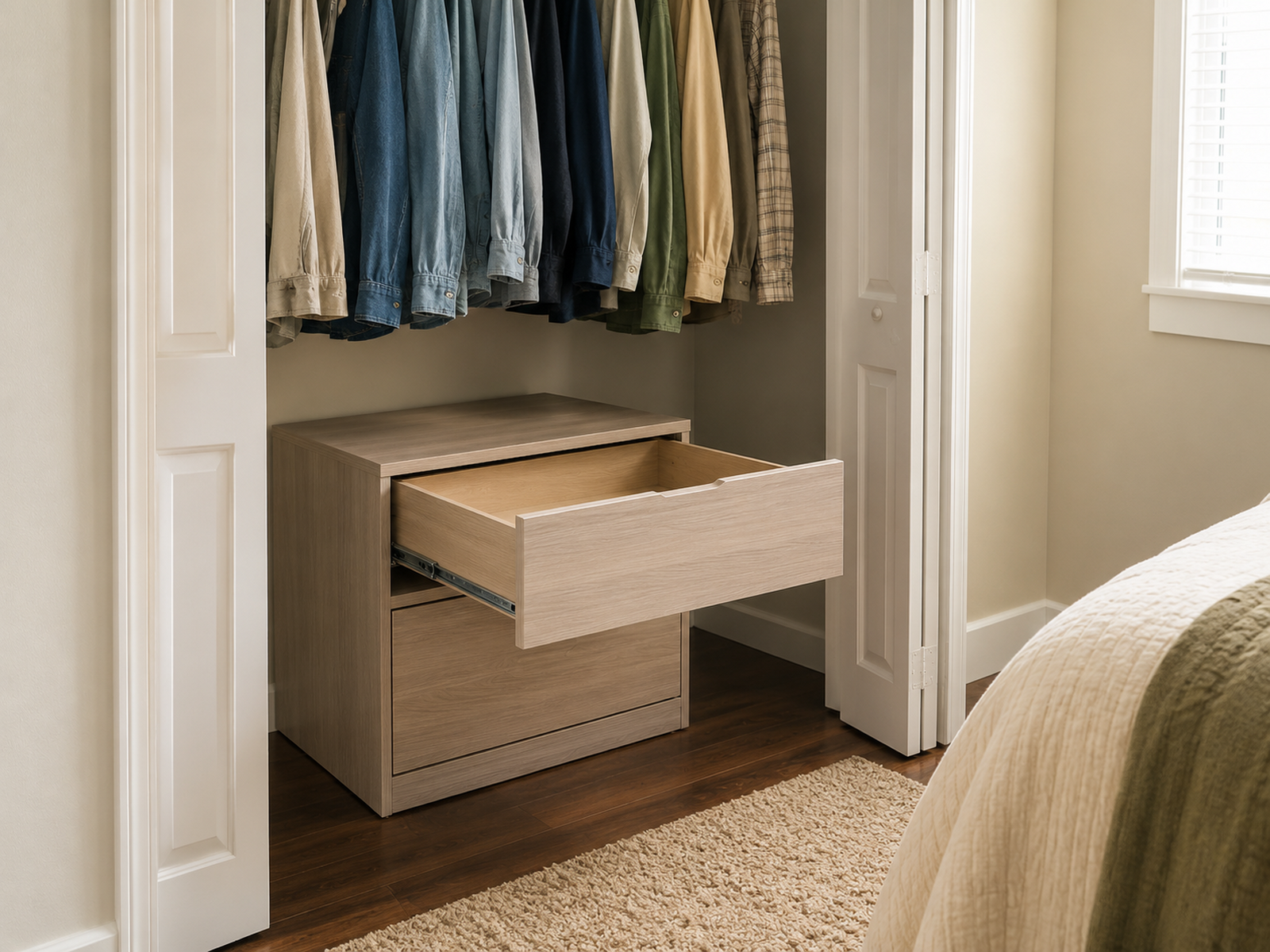 A low two-drawer unit sits below short hanging clothes with its top drawer fully open through the clear closet opening.