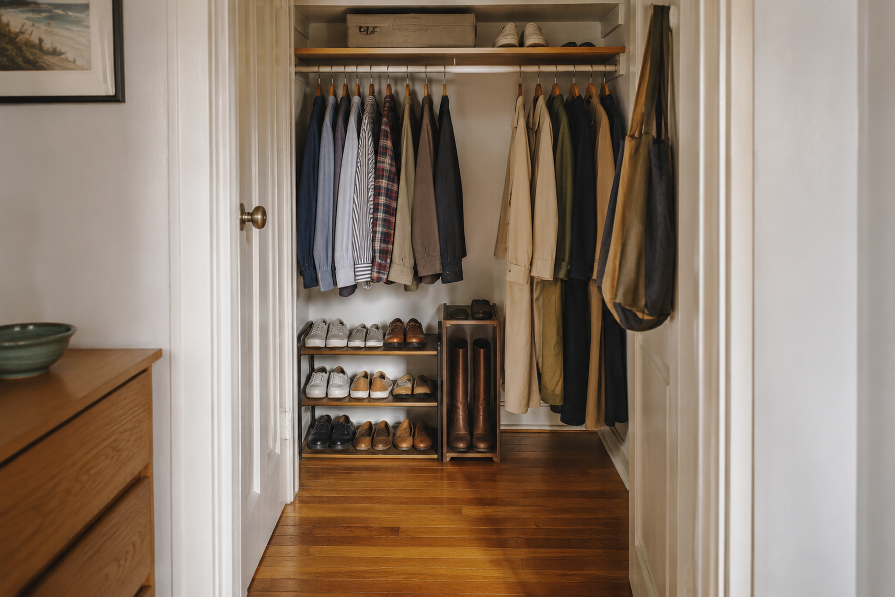 A compact reach-in closet with daily shoes on a low shelf under short clothes, boots in one taller bay, and lower-frequency shoes stored higher while the center floor remains clear.