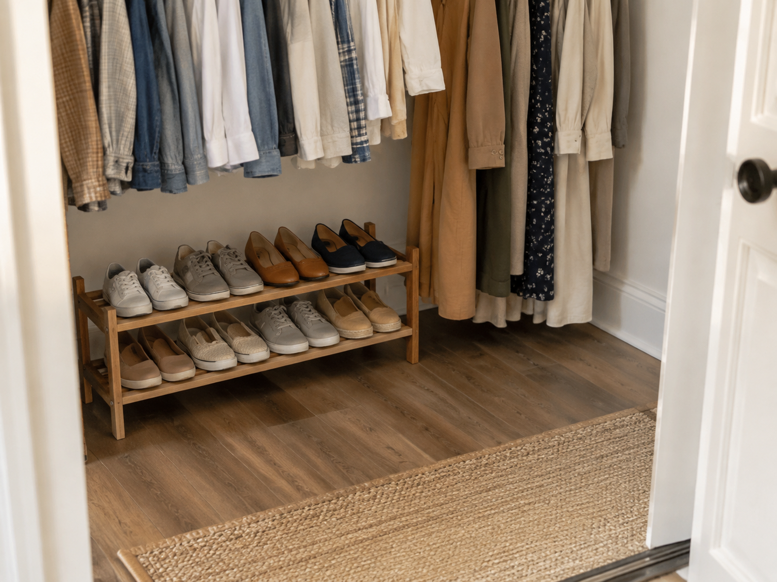 A low shoe rack under short-hanging clothes in a compact reach-in closet with long garments and the central standing area kept clear.