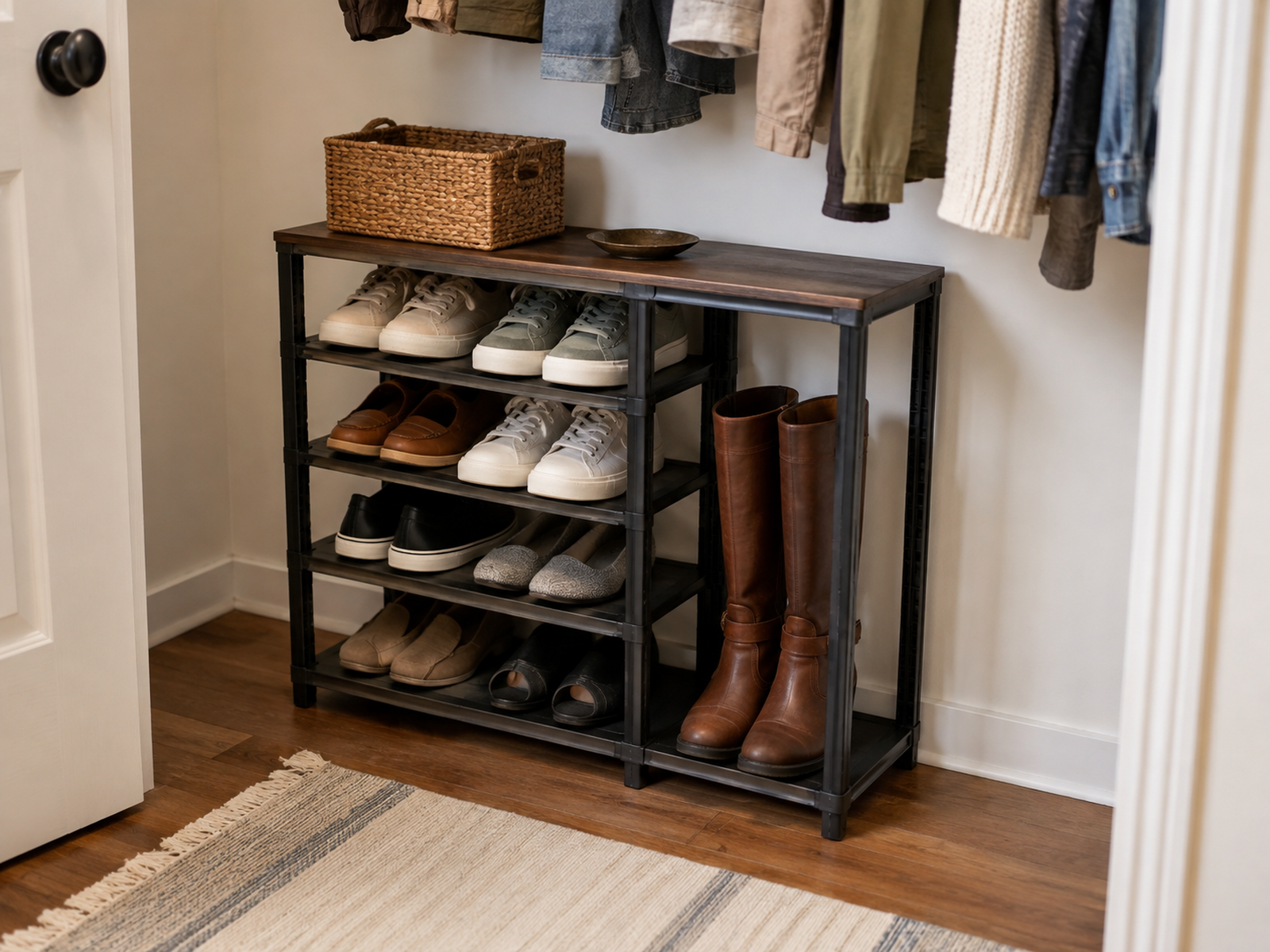 A compact freestanding shoe shelf with closely spaced levels for sneakers and flats plus one taller end bay reserved for upright boots.