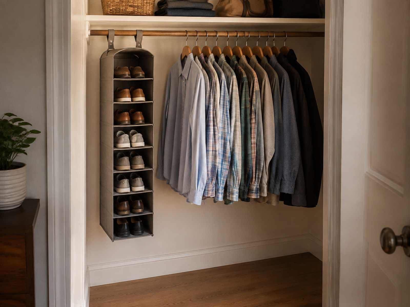 A narrow hanging shoe organizer uses a limited section of a small closet rod while the remaining clothes stay accessible and the floor below remains clear.