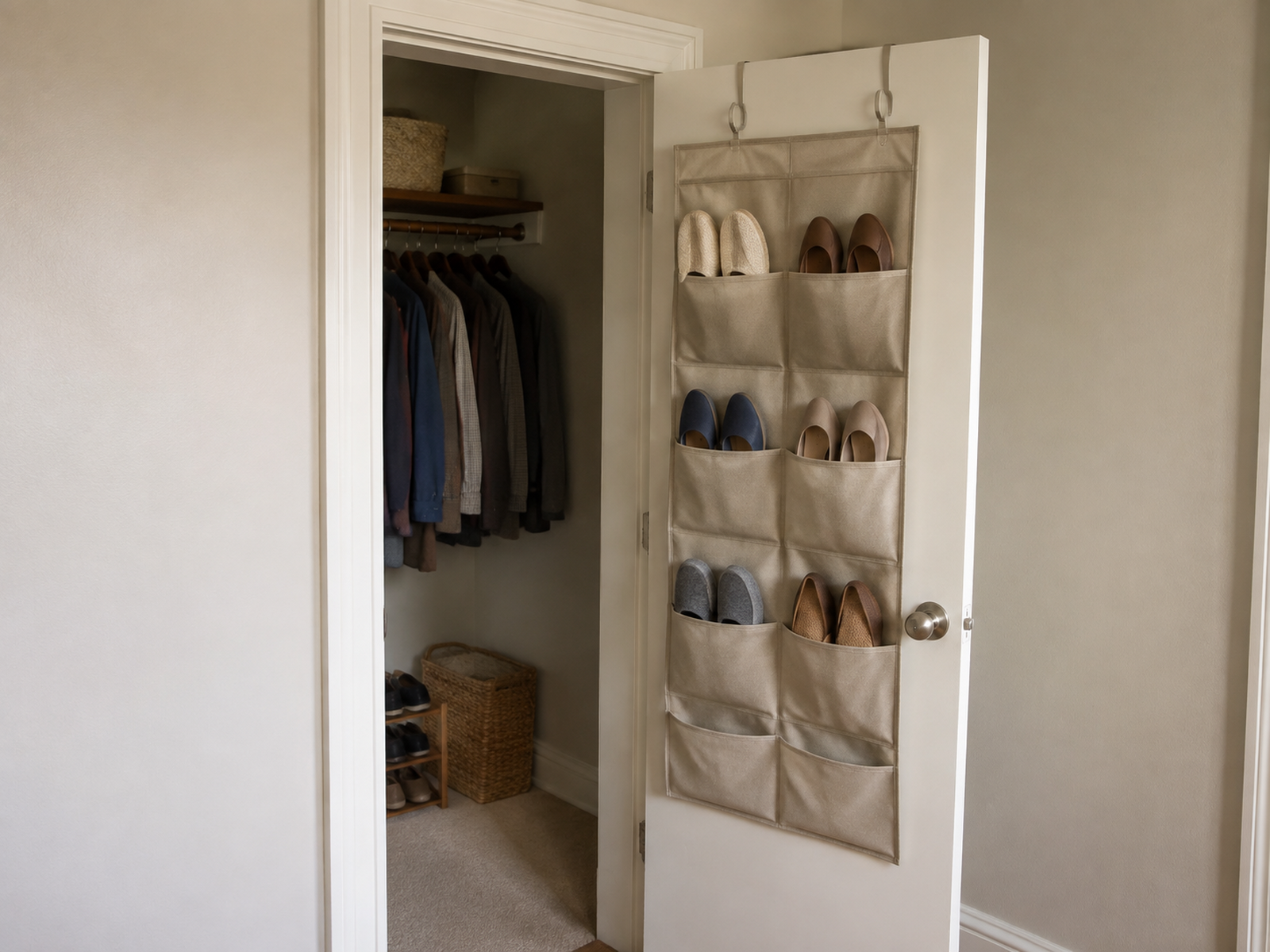 A shallow over-door shoe organizer on a hinged closet door with its top hooks, door thickness, trim clearance, and open swing path visible.