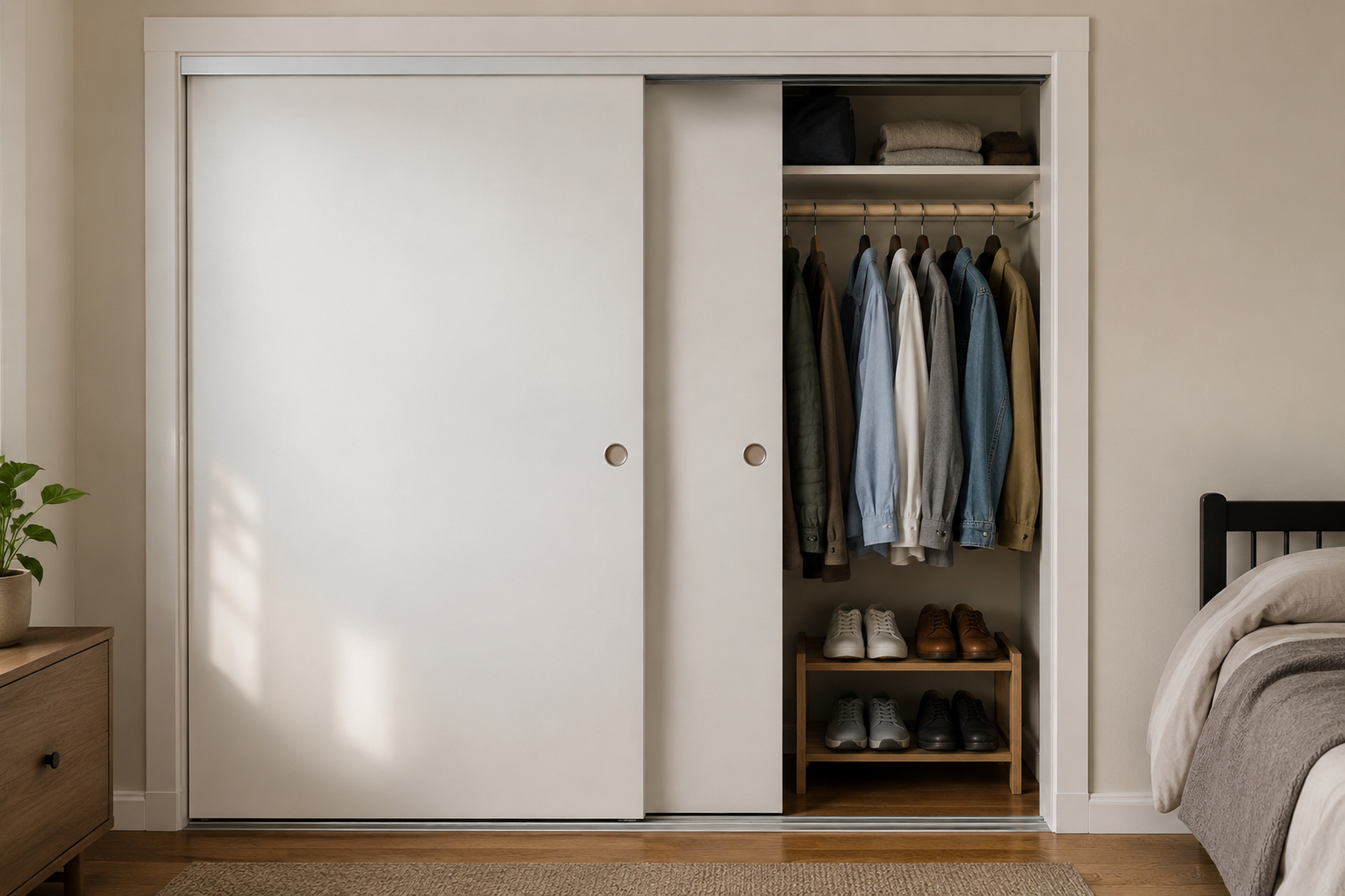 A compact reach-in closet with overlapping sliding doors, showing daily clothes and low shoe storage in the exposed right-side opening while the rest of the closet remains behind the panels.