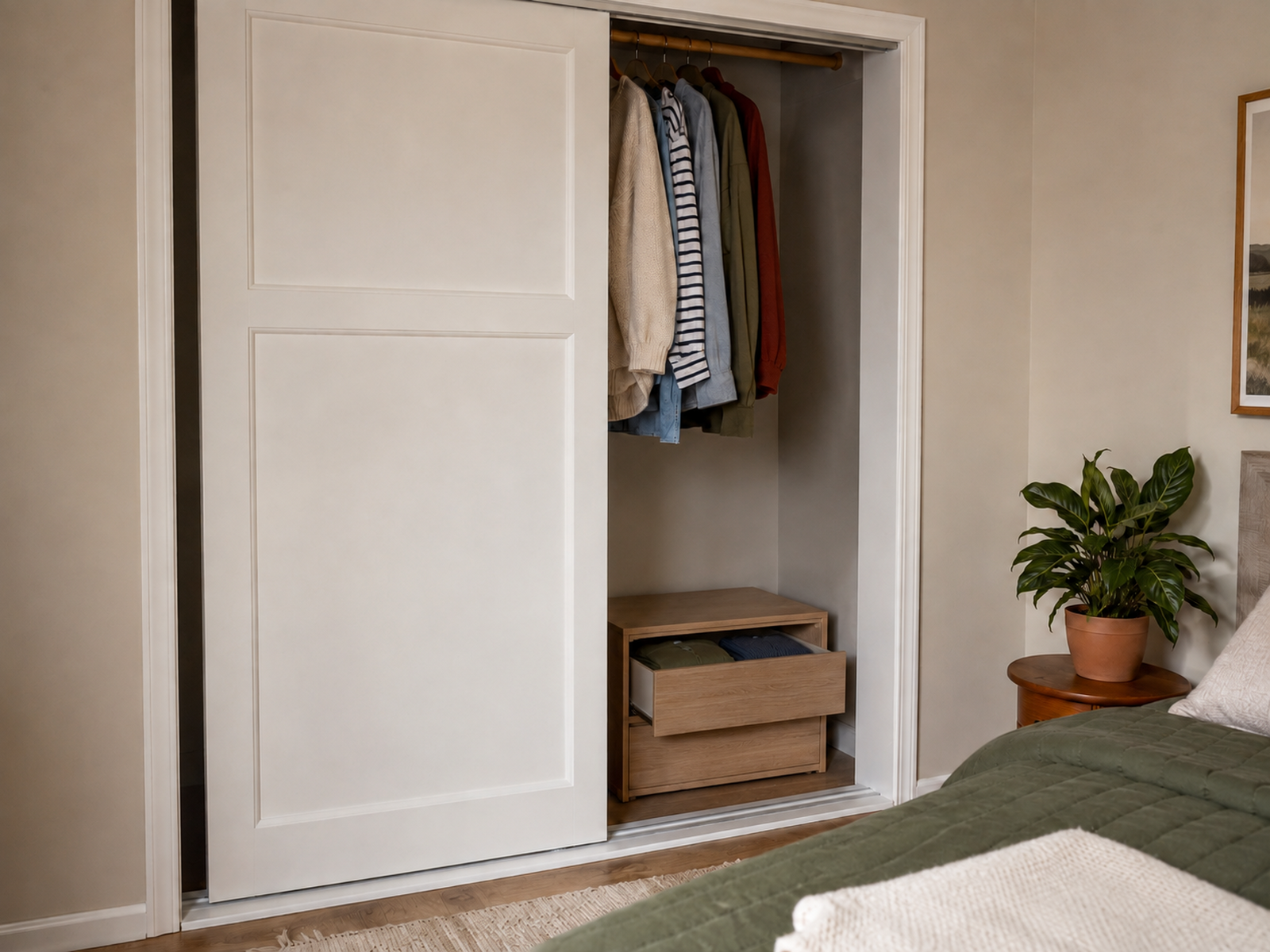 A low two-drawer unit sits behind the open section of a sliding-door closet, with its upper drawer extended through the opening without touching the panel or track.