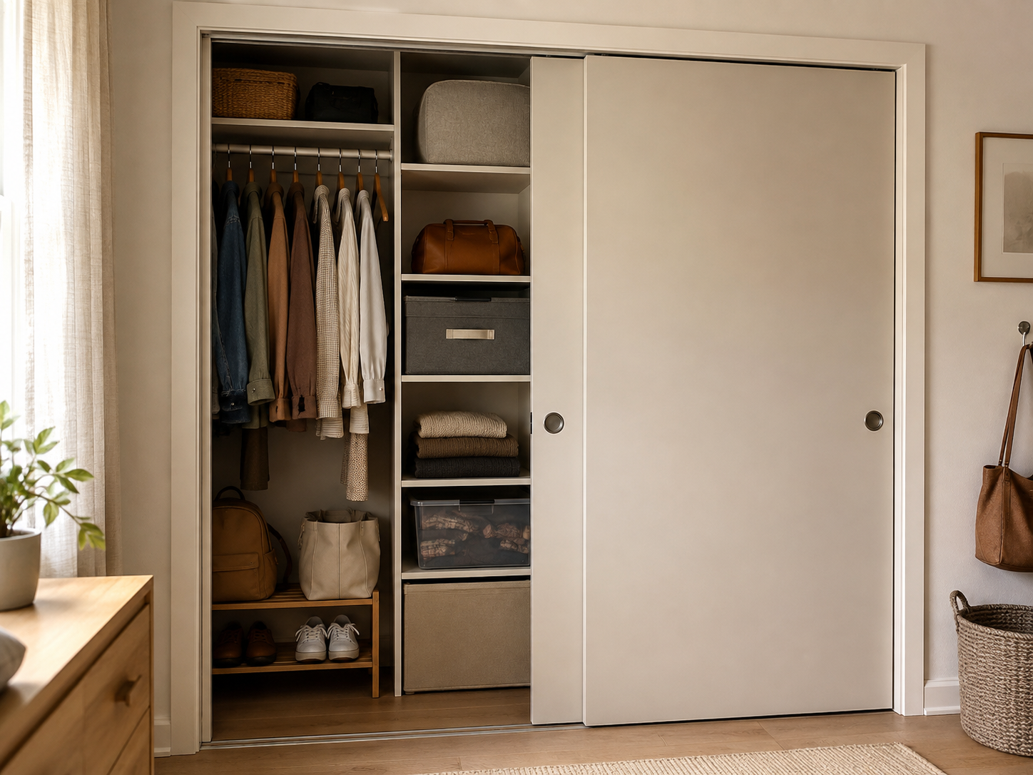 Daily-use clothes, shoes, and bags arranged in the easiest-access section of a small sliding-door closet.