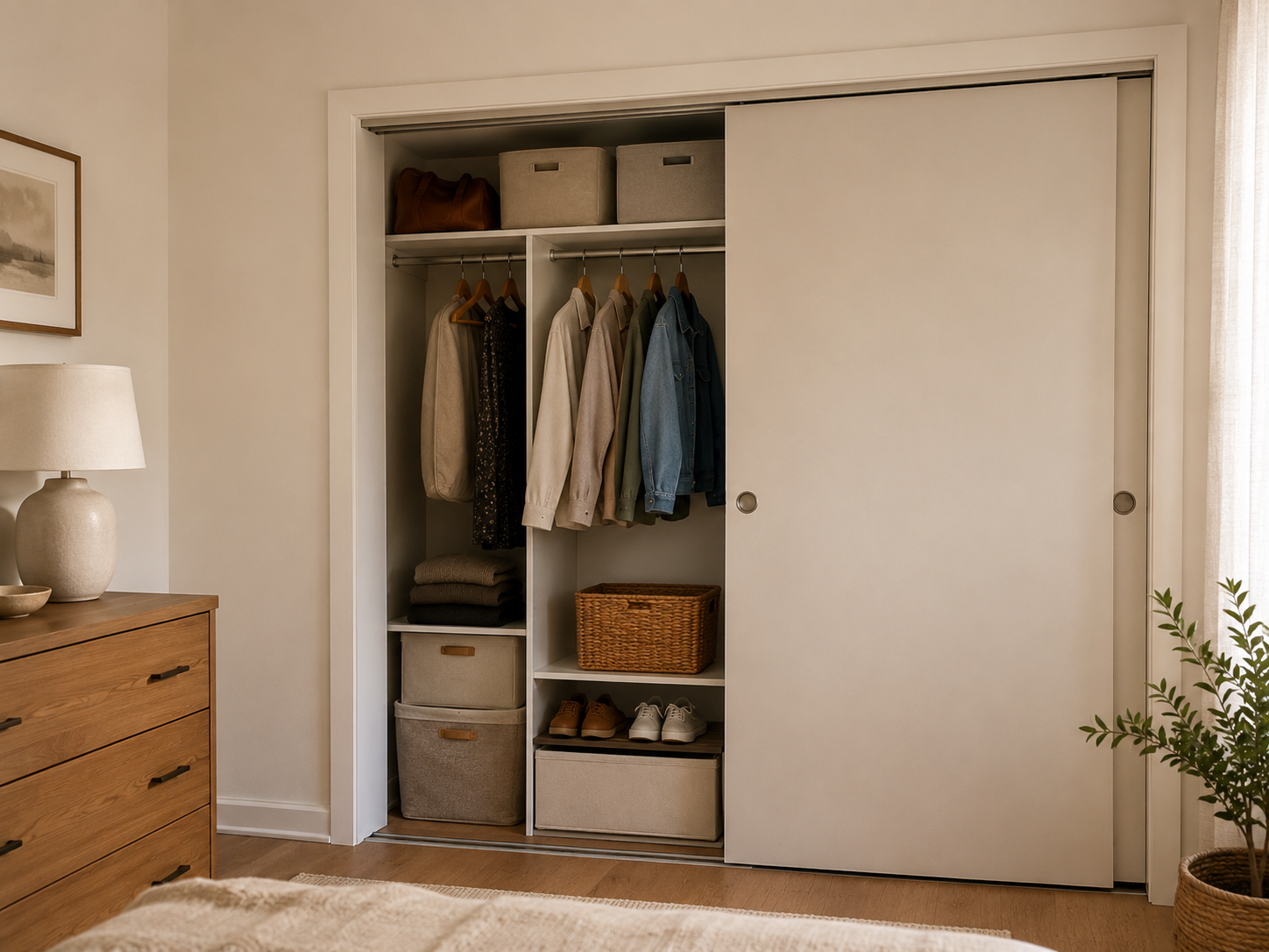 Seasonal bins and less-used items stored in a harder-to-reach section of a small sliding-door closet.