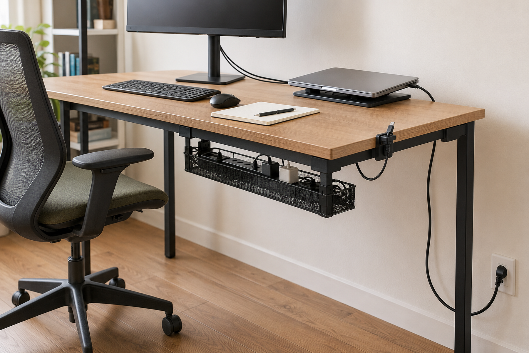 A compact desk uses a removable under-desk tray for fixed power and adapters while one charging cable remains reachable and the chair area stays clear.