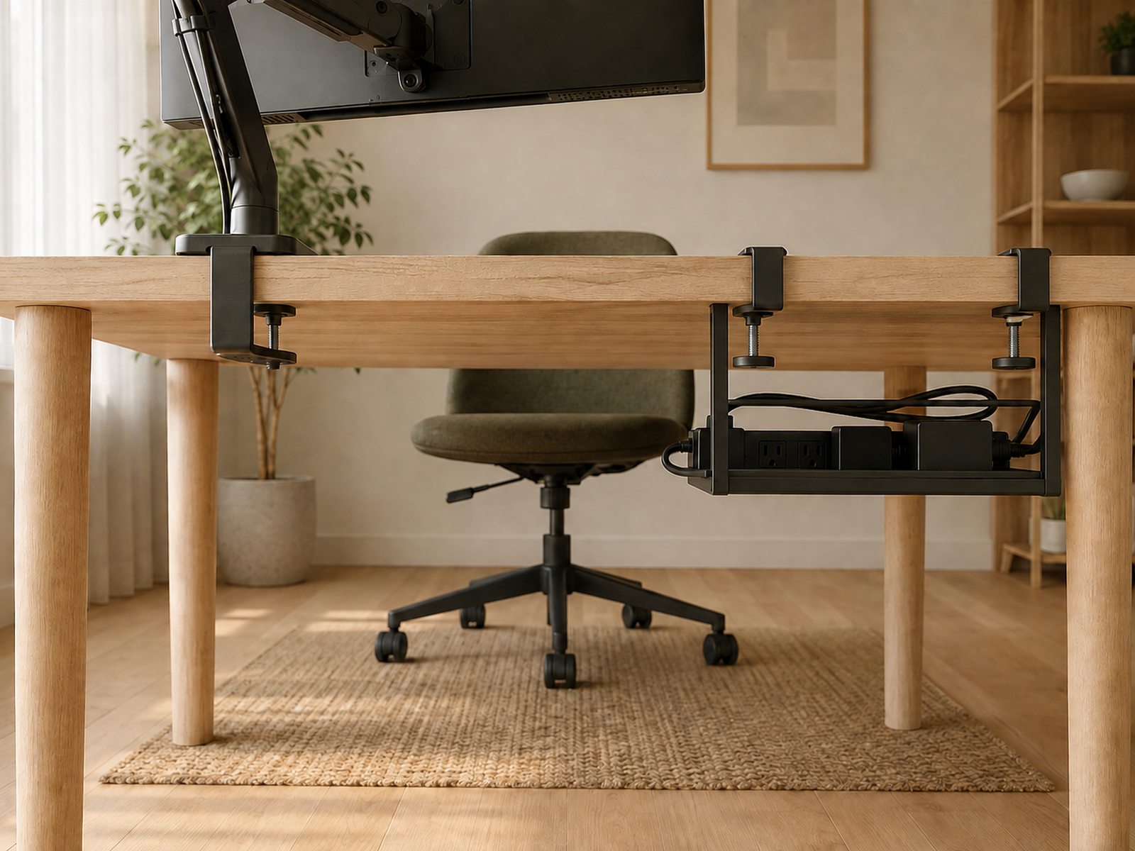 Separate clamps support a monitor arm and an under-desk cable tray on different sections of a slab desk edge, leaving the center knee area open.
