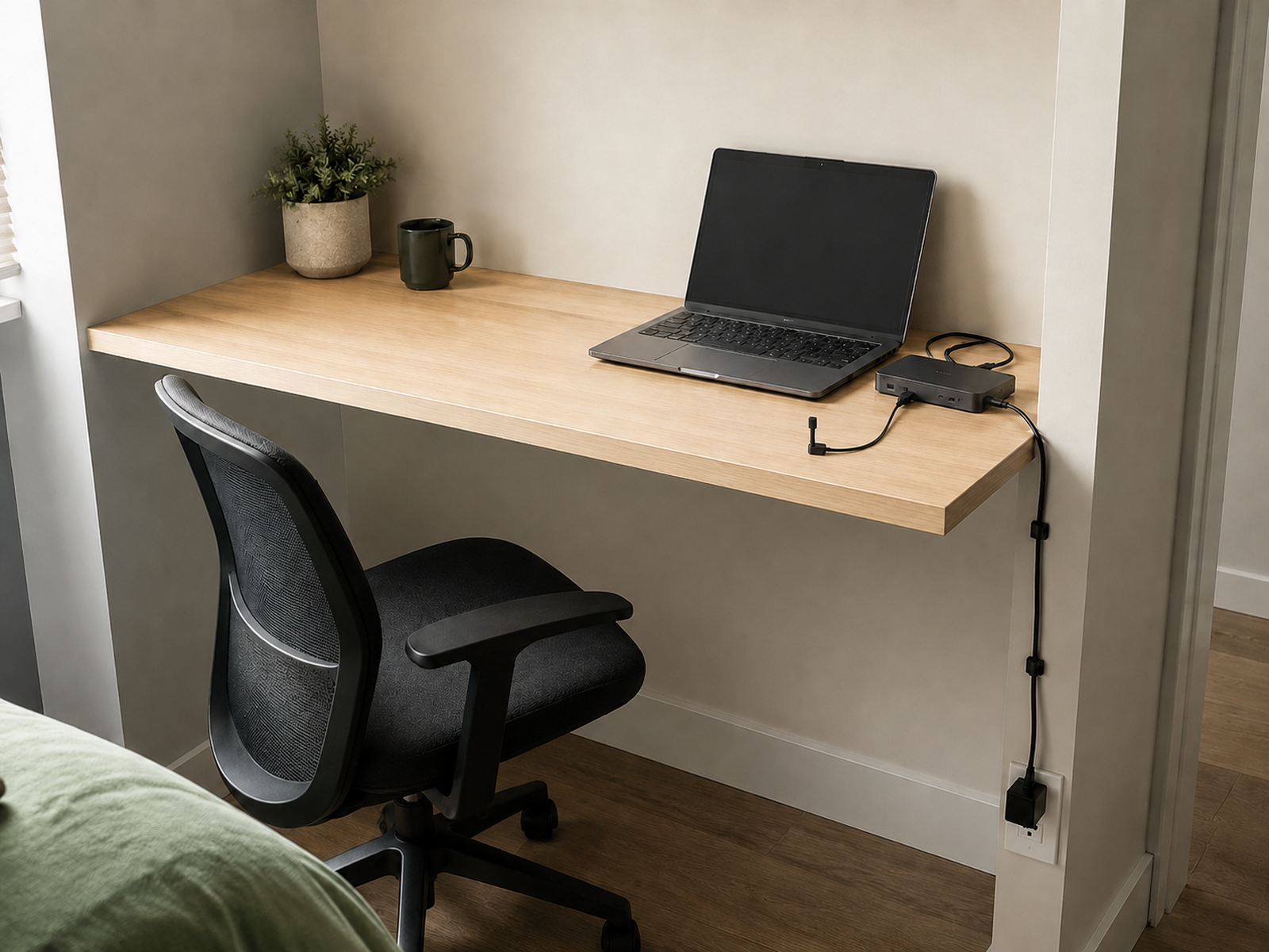 A built-in desk with no rear opening routes fixed cables down the side through removable guides while a charging lead remains reachable beside the dock.