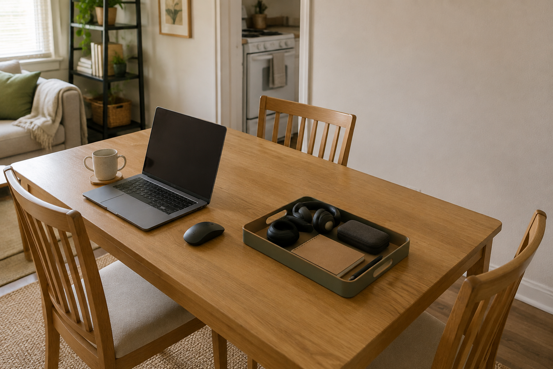 A compact apartment dining table used as a temporary laptop workspace, with a portable caddy grouping daily accessories and part of the table left open.