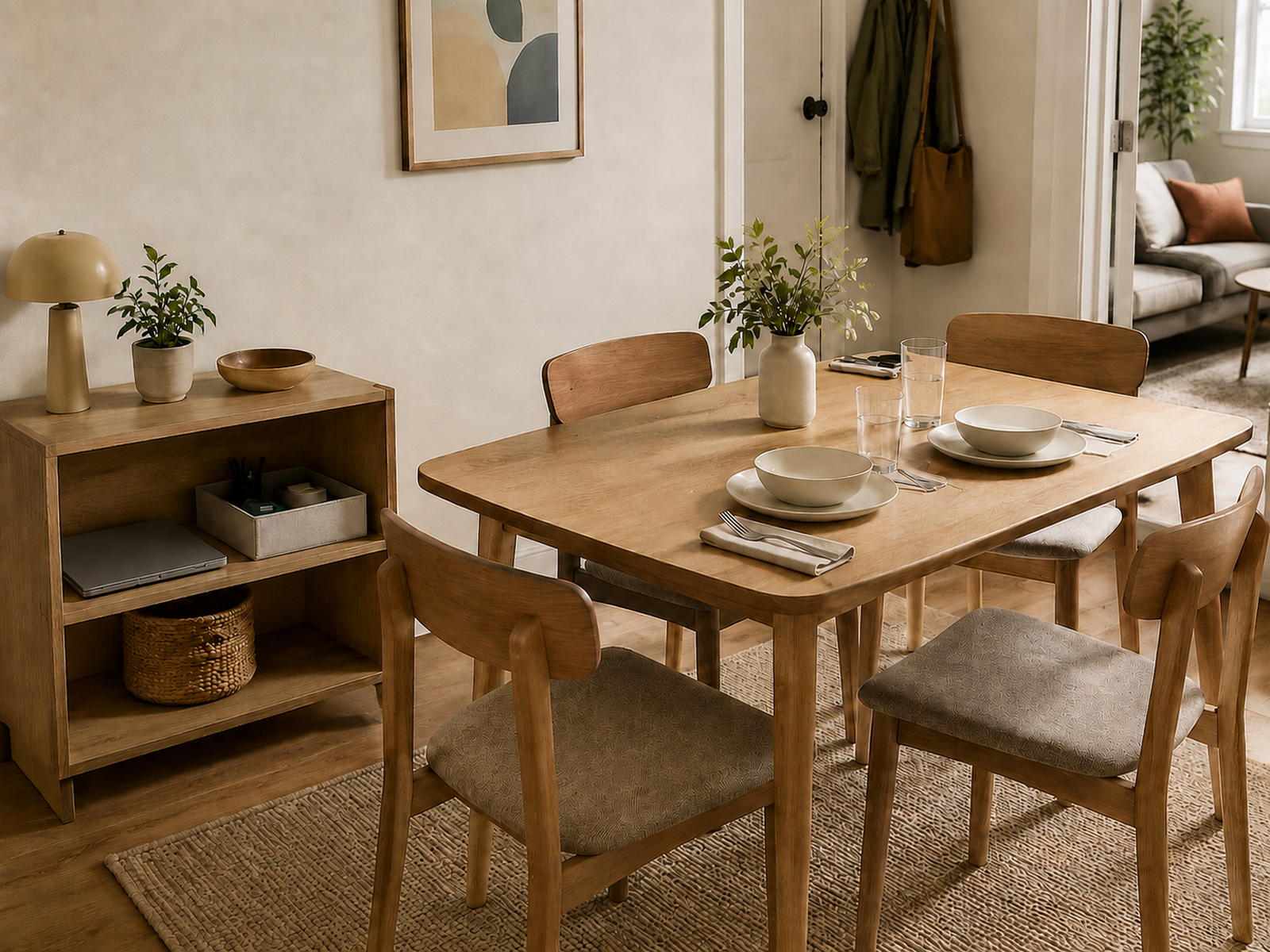 A recovered dining table set for household use beside a freestanding shelf holding a closed laptop and portable work caddy together.