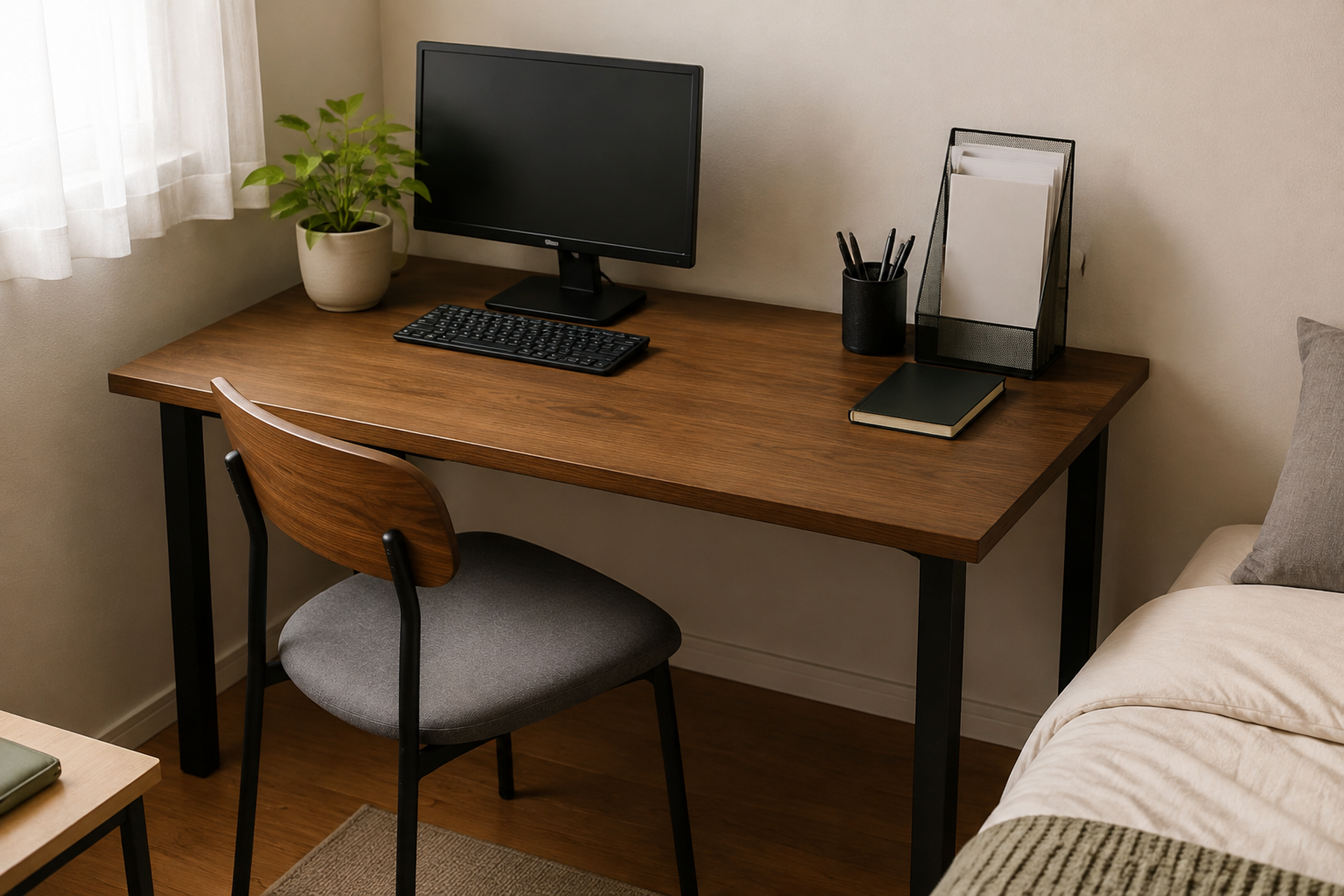 A compact drawerless desk with one small daily-supply station at the back corner and a clear central work surface in front of the monitor.