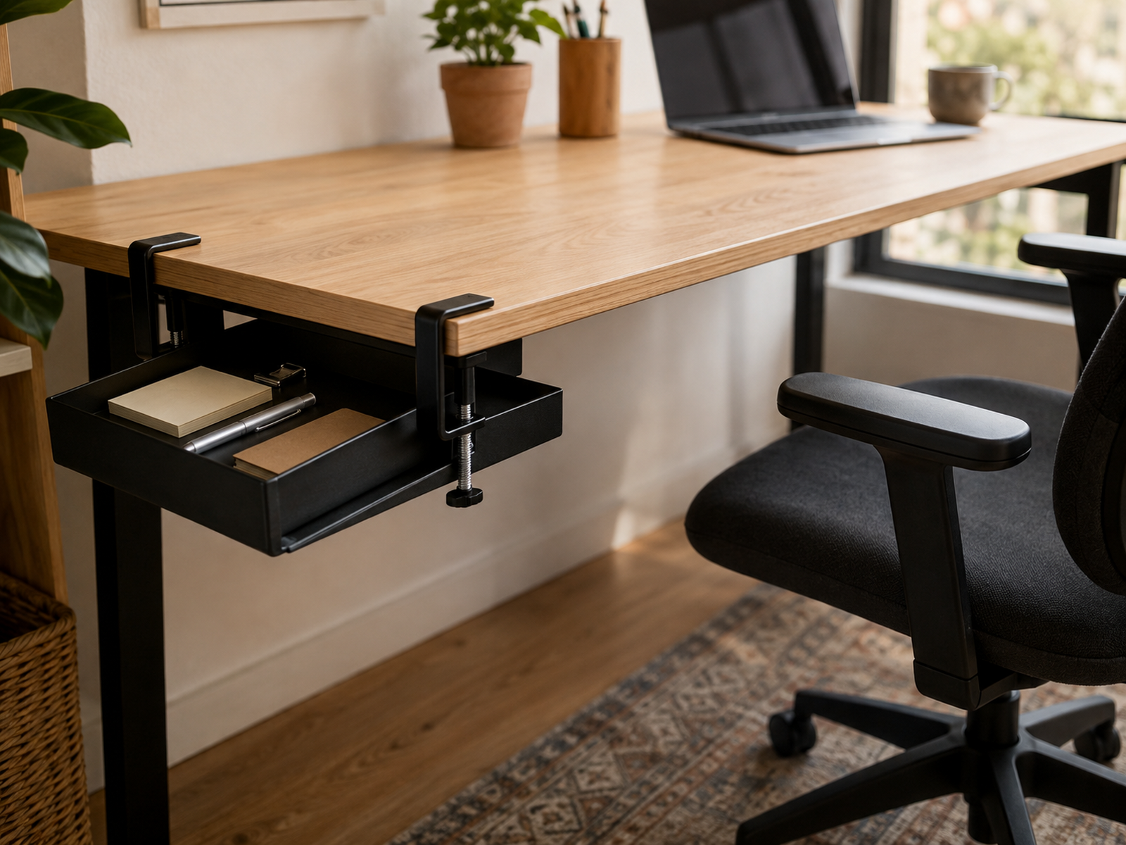 A shallow clamp-on drawer beneath the side of a small drawerless desk with two visible clamps and clear central knee and chair space.