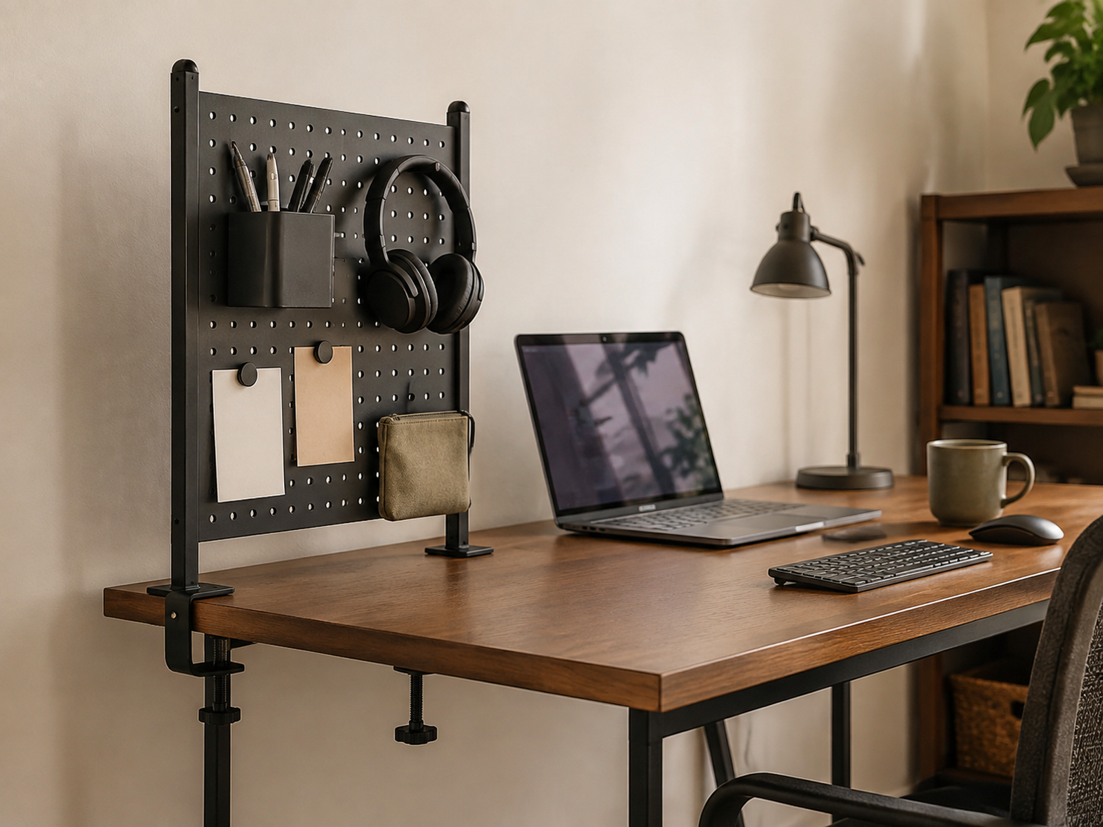 A vertical organizer clamped to the edge of a compact drawerless desk, holding lightweight supplies while the laptop and work surface remain clear.