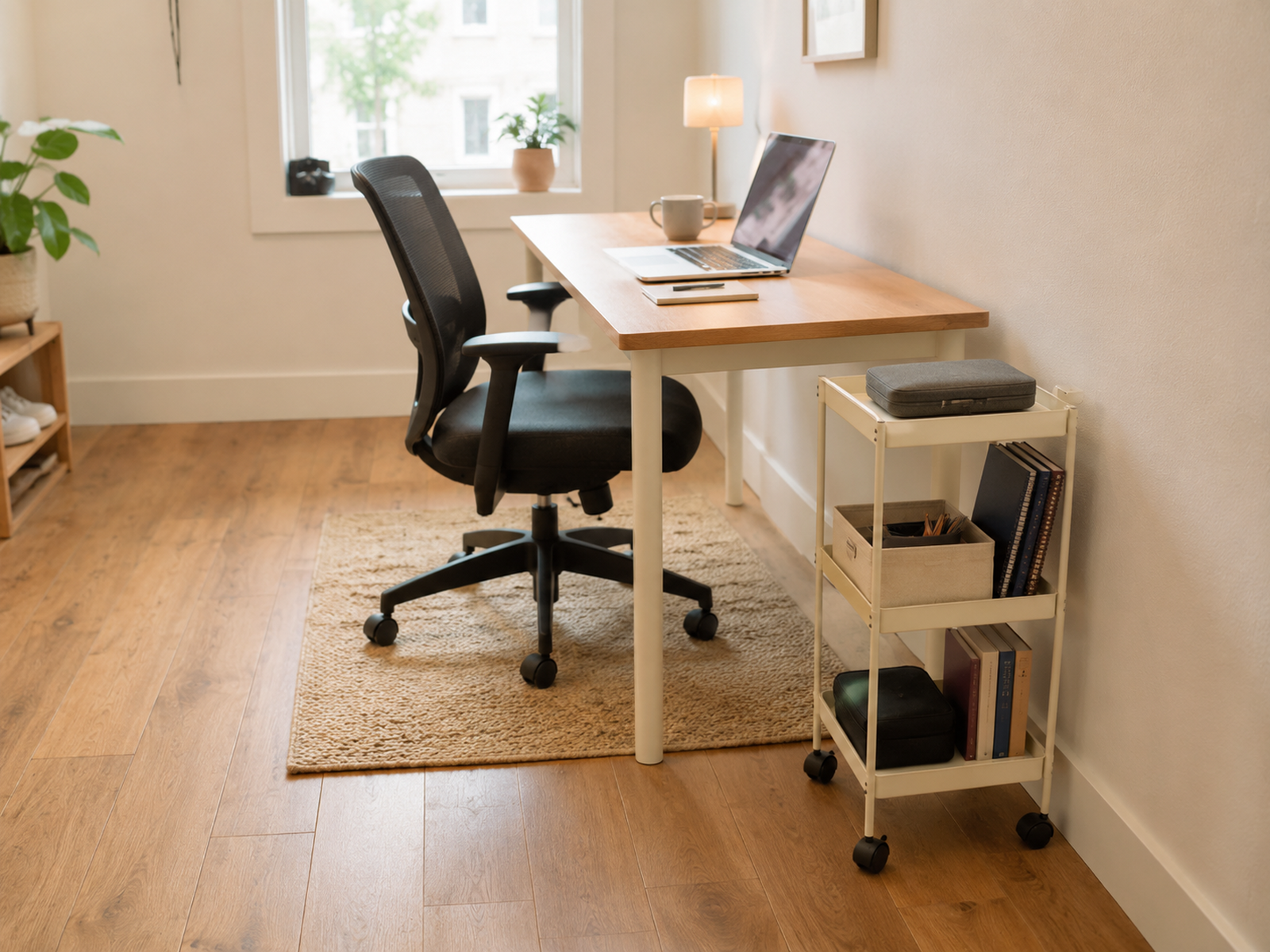 A narrow rolling cart beside a compact drawerless desk holds backup office supplies while the chair roll-back area and walking route remain clear.