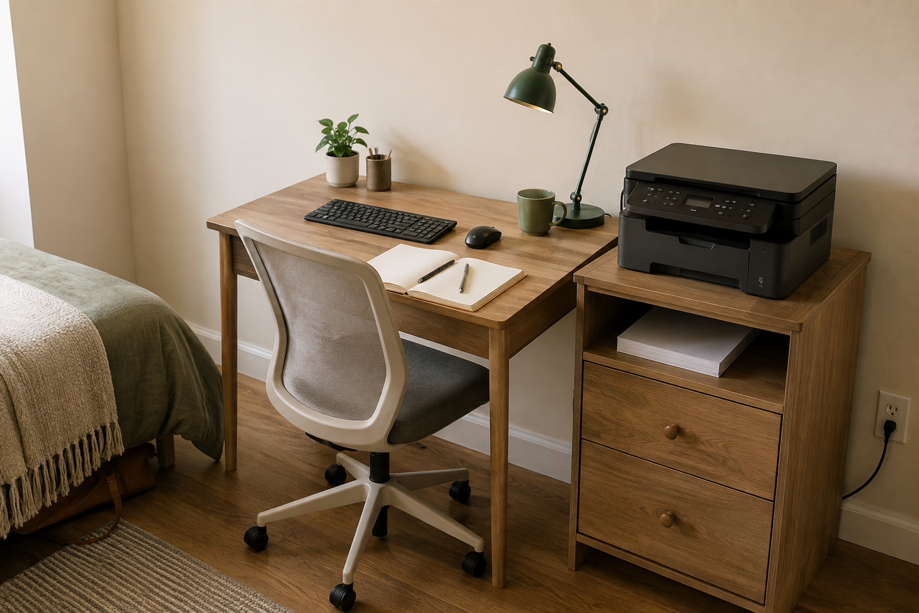 A compact bedroom workstation has a printer on an adjacent drawer unit, leaving the desk clear for a keyboard, mouse, and notebook.