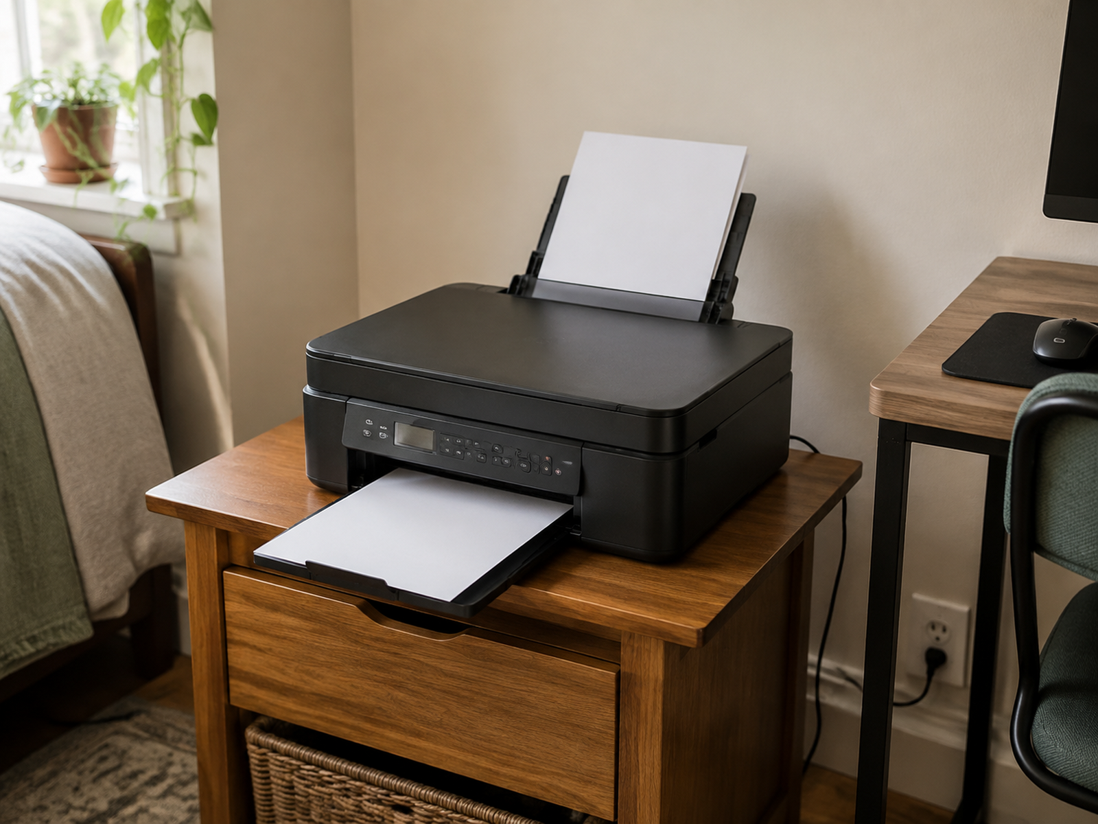 A multifunction printer on a side cabinet has its rear paper input raised and front output tray extended, showing the added working depth.