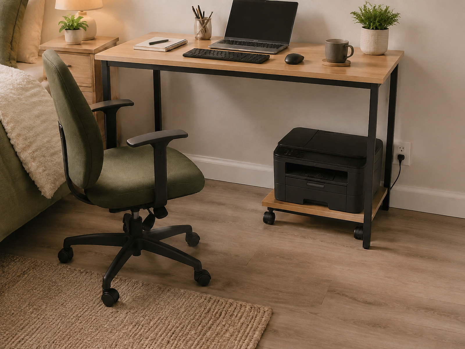 A printer on a low rolling stand sits under the outer side of a compact desk, leaving the center knee space and office-chair path clear.