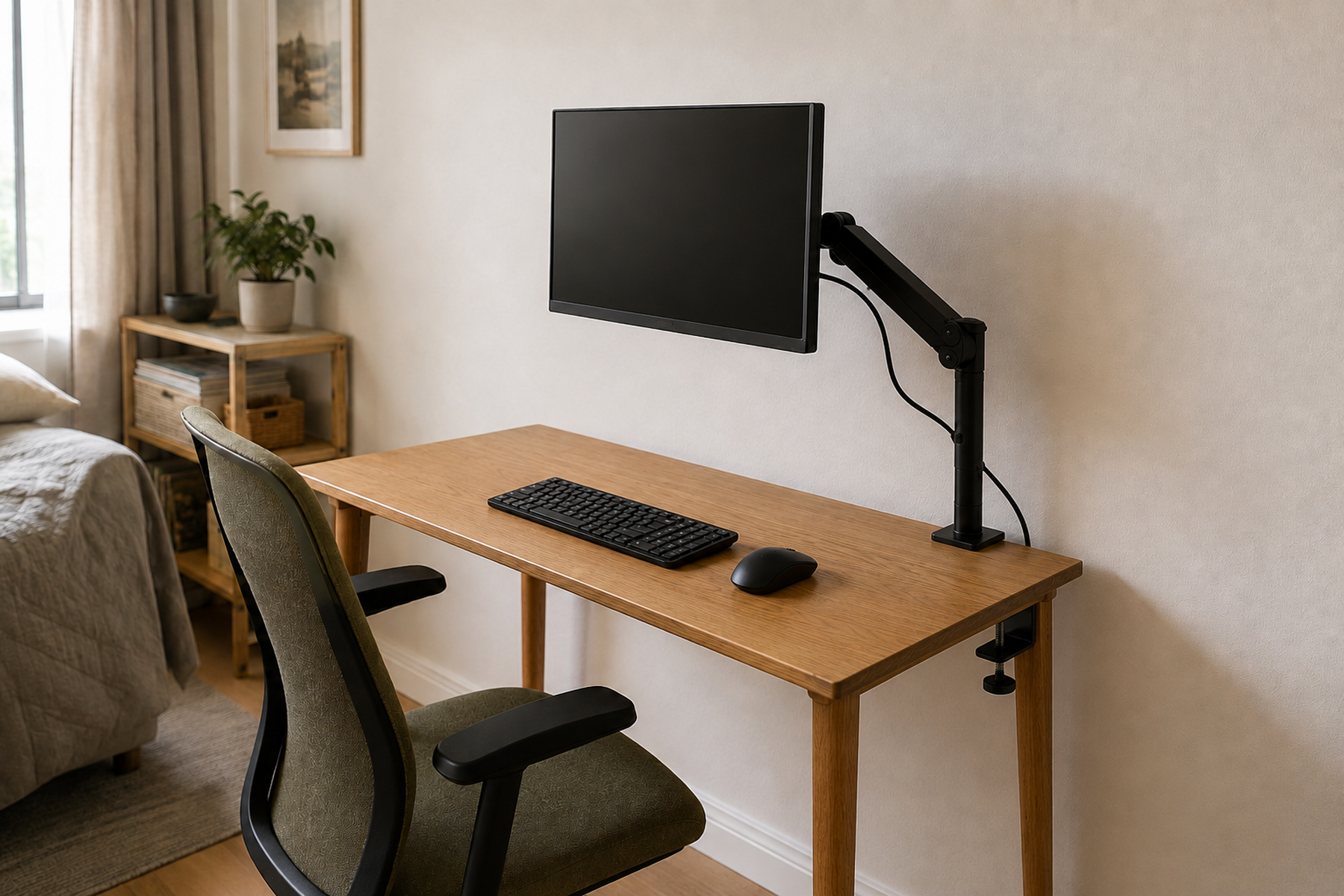 A shallow wood desk in a compact bedroom uses a rear-edge clamp arm to hold one monitor above the back of the desk, leaving clear keyboard and mouse space.