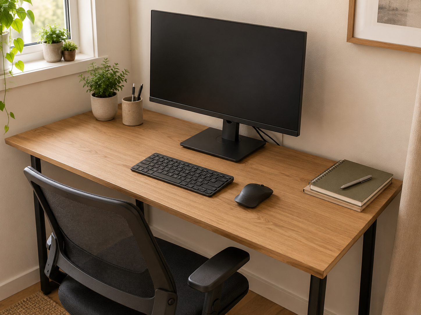 A monitor on its original stand sits near the back of a shallow desk, leaving a usable keyboard and mouse work zone in front.