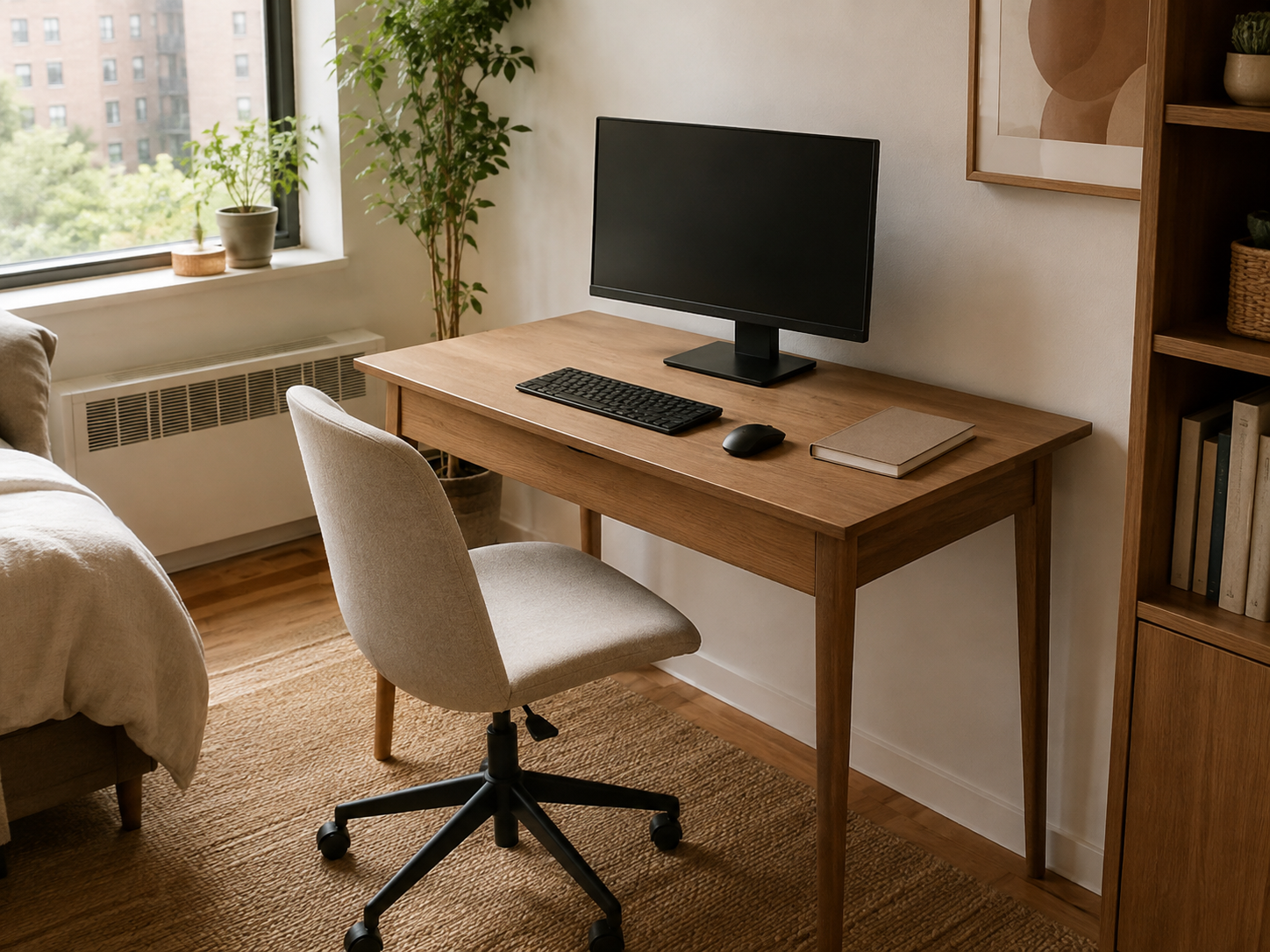 A slightly deeper compact desk provides enough surface for a monitor, keyboard, and mouse in a small apartment workspace.