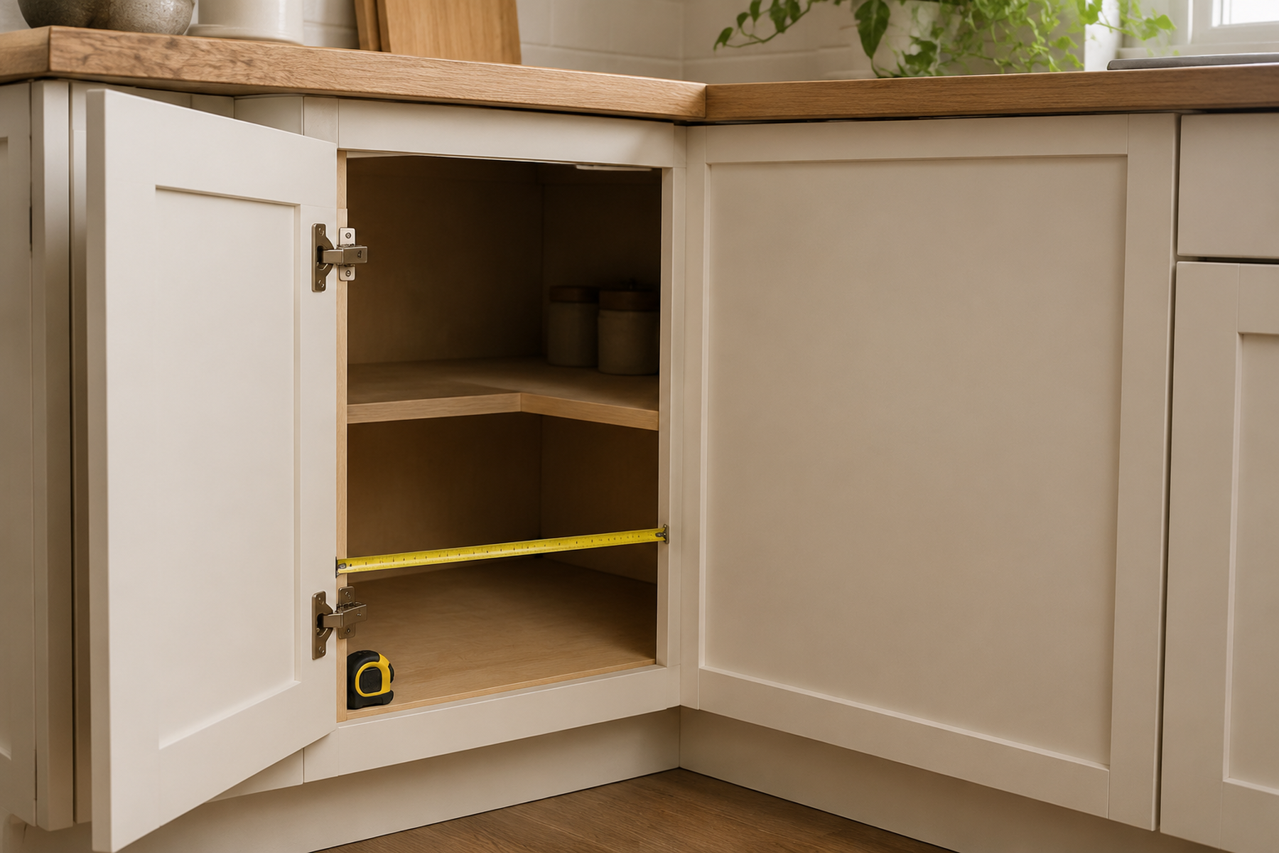A deep blind-corner kitchen cabinet with one narrow open door, an L-shaped shelf extending behind a fixed front panel, and a tape measure checking the clear opening.