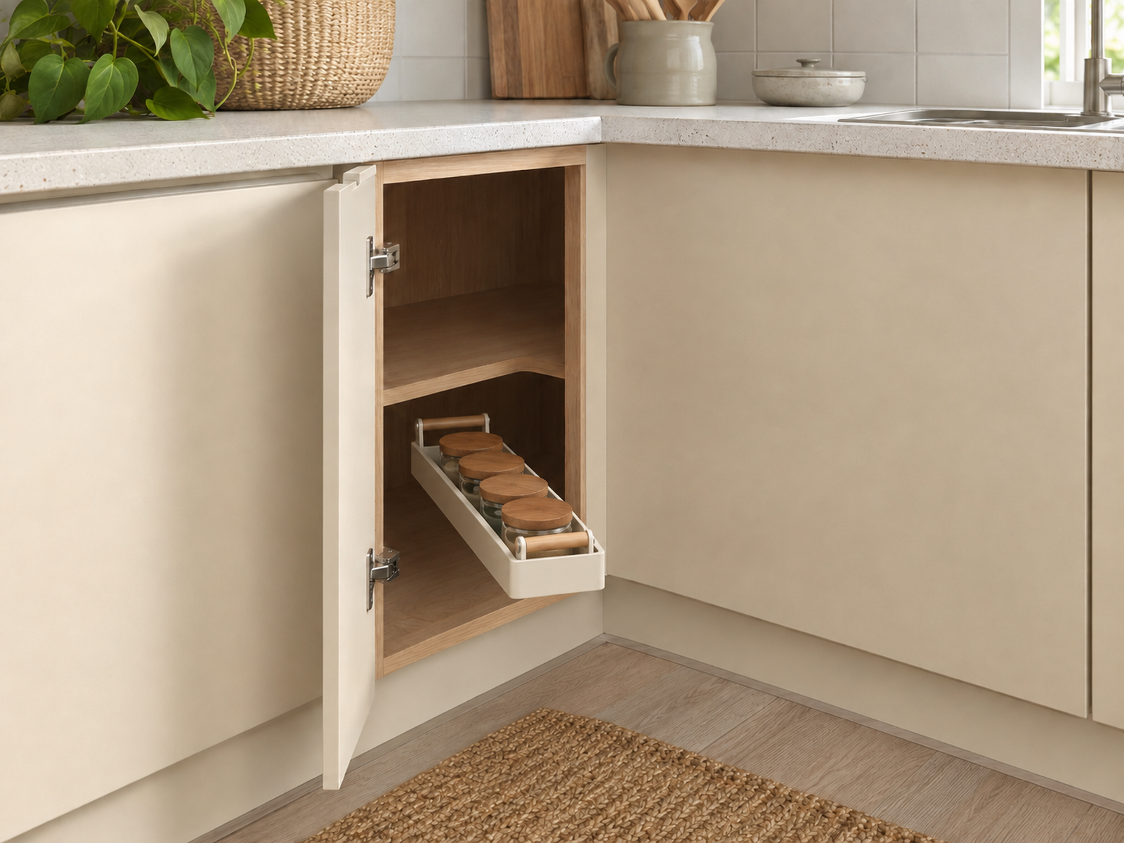 A slim handled caddy crossing the narrow opening of a deep blind-corner kitchen cabinet on a straight retrieval path.