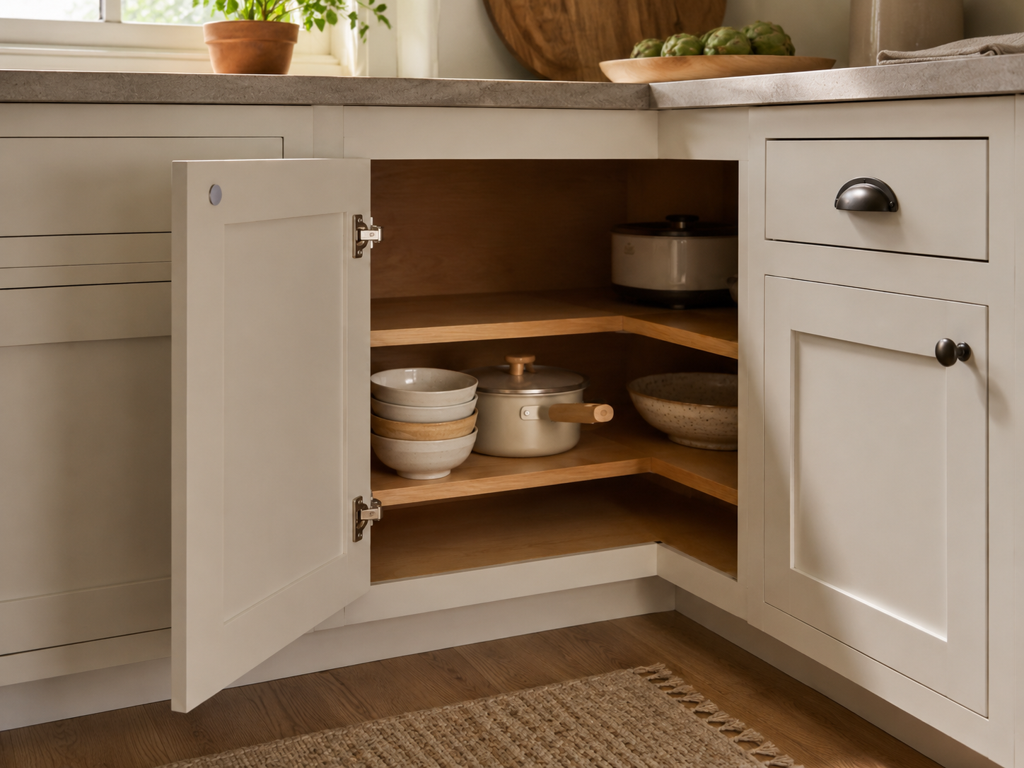 Everyday bowls and cookware sit near the front of a deep corner kitchen cabinet, while less-used items are stored deeper inside.