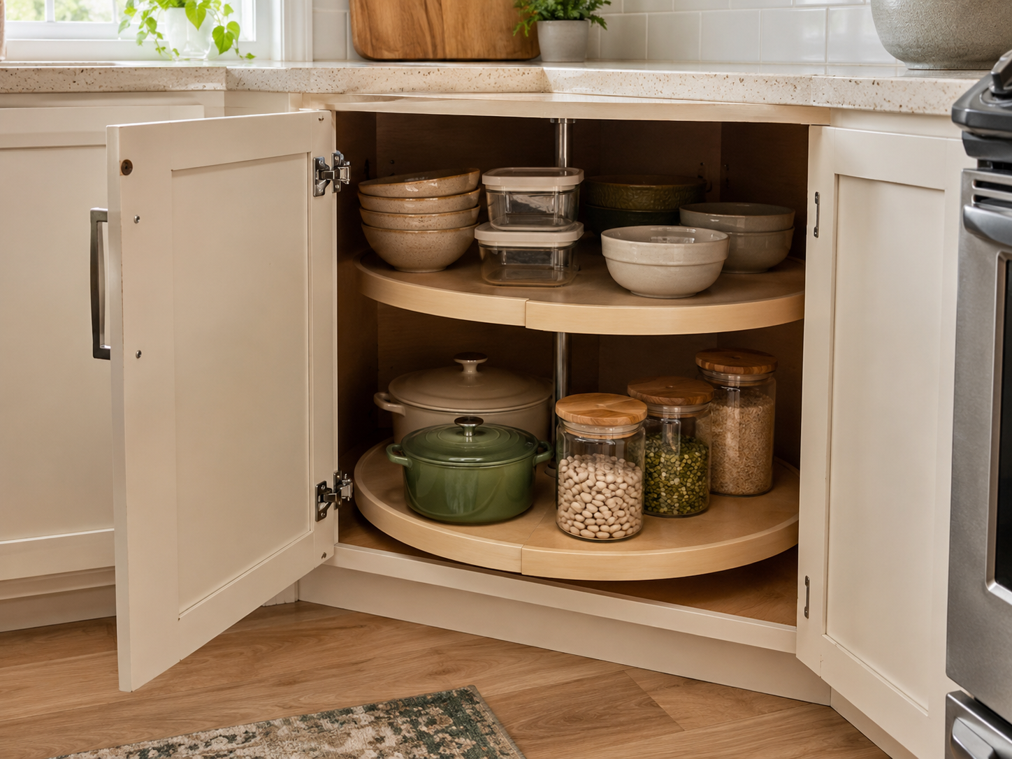Compact bowls, pots, and pantry containers stay within the edges of a rotating carousel in a deep corner kitchen cabinet.