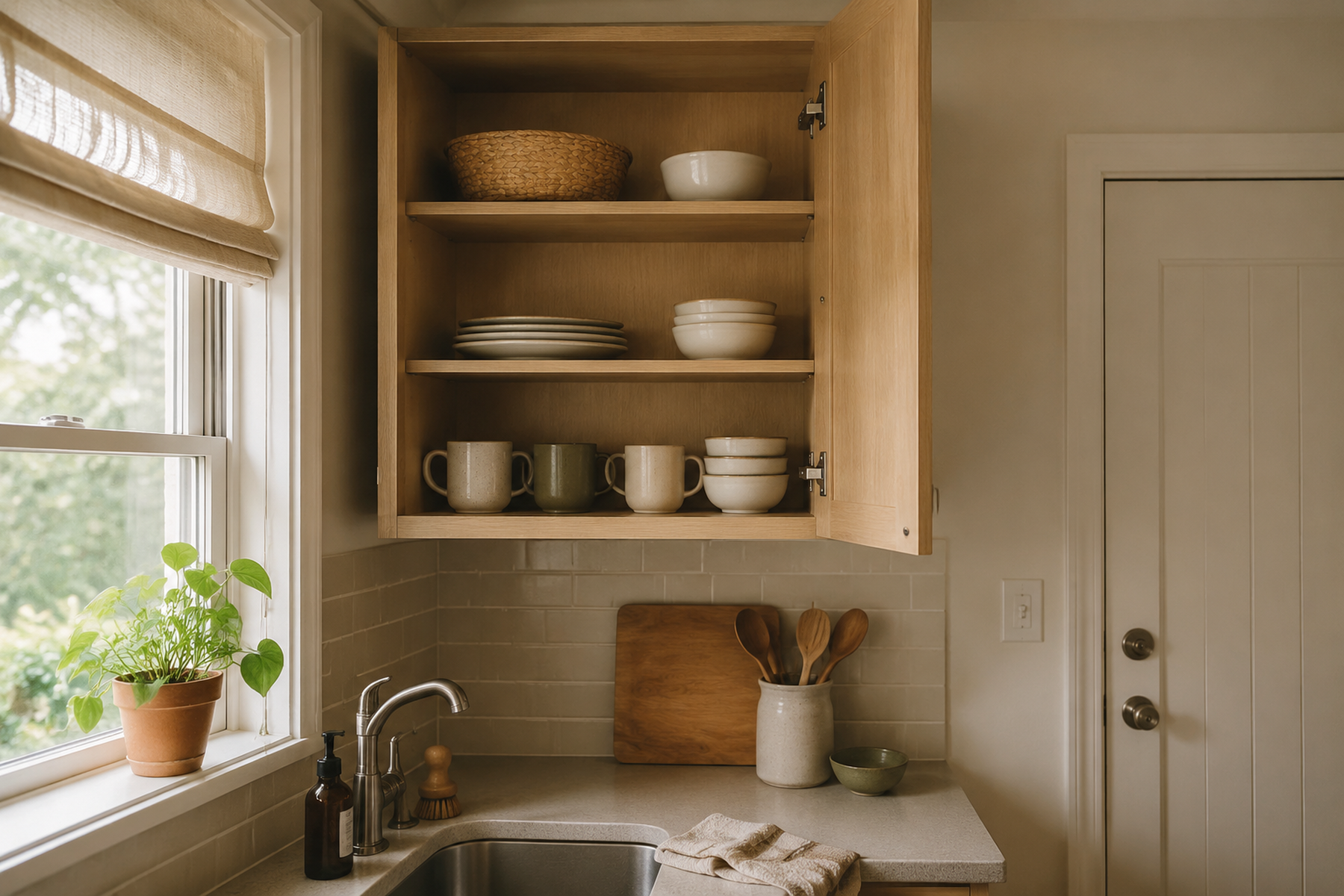 An open high wall cabinet above a compact kitchen counter keeps mugs, bowls, and plates on lower shelves while a woven basket and one bowl sit in the sparsely filled top zone.