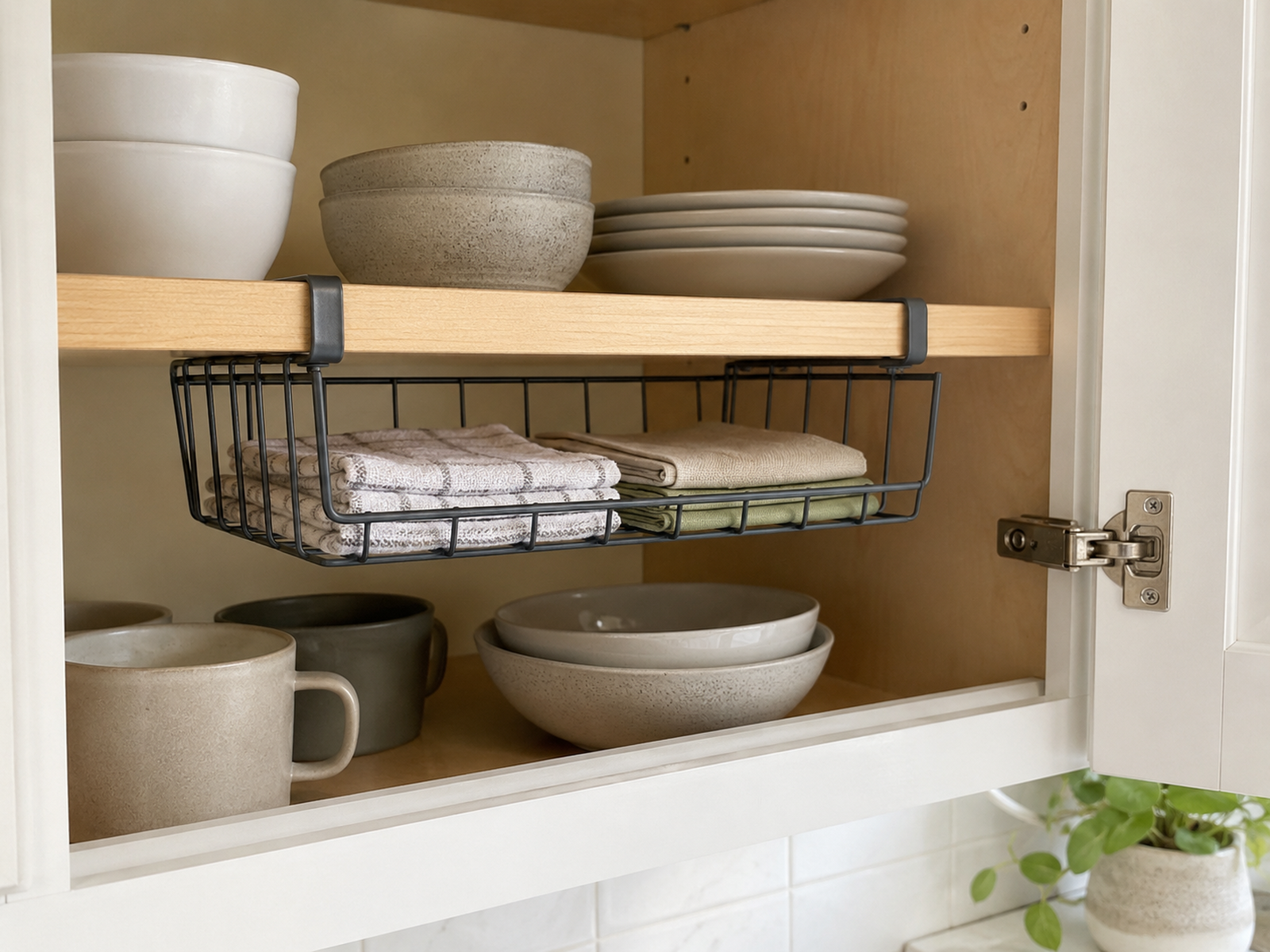 A removable wire basket clips beneath a kitchen cabinet shelf and holds folded cloths while dishes below and the open cabinet door remain clear.