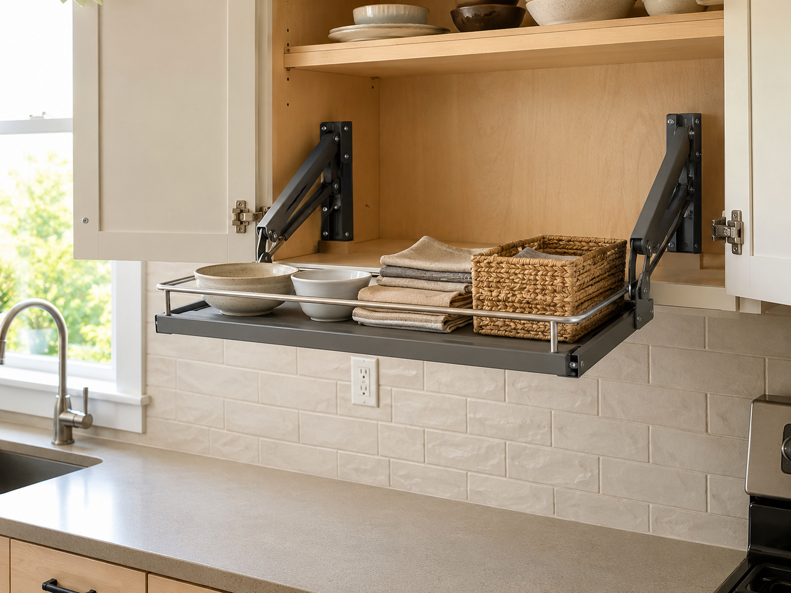 A generic pull-down shelf is lowered out of a high kitchen cabinet above a clear counter, with side-mounted arms and the open doors outside its travel path.