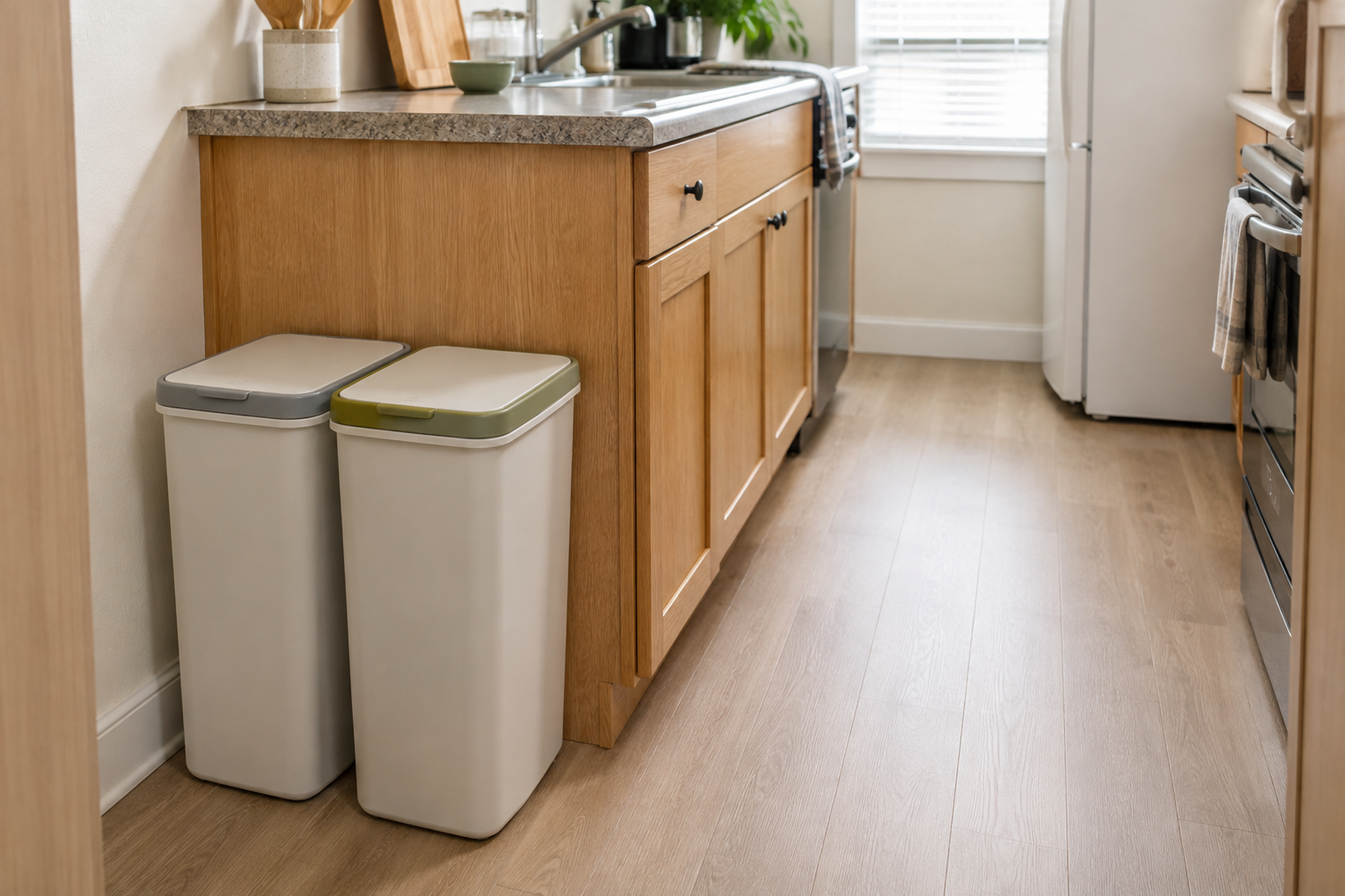 Two narrow freestanding waste bins sit against the end of a cabinet run in a compact galley kitchen, leaving the central walkway and nearby appliances unobstructed.