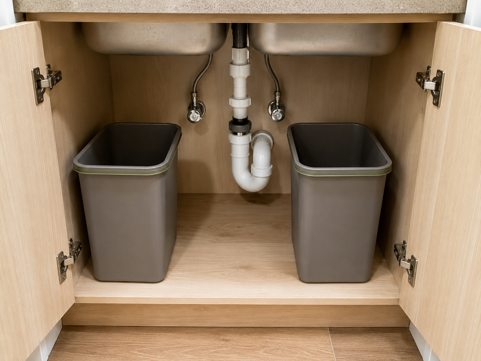Two loose waste bins sit on either side of visible plumbing in an open under-sink cabinet, leaving the valves, center removal path, and cabinet base accessible.