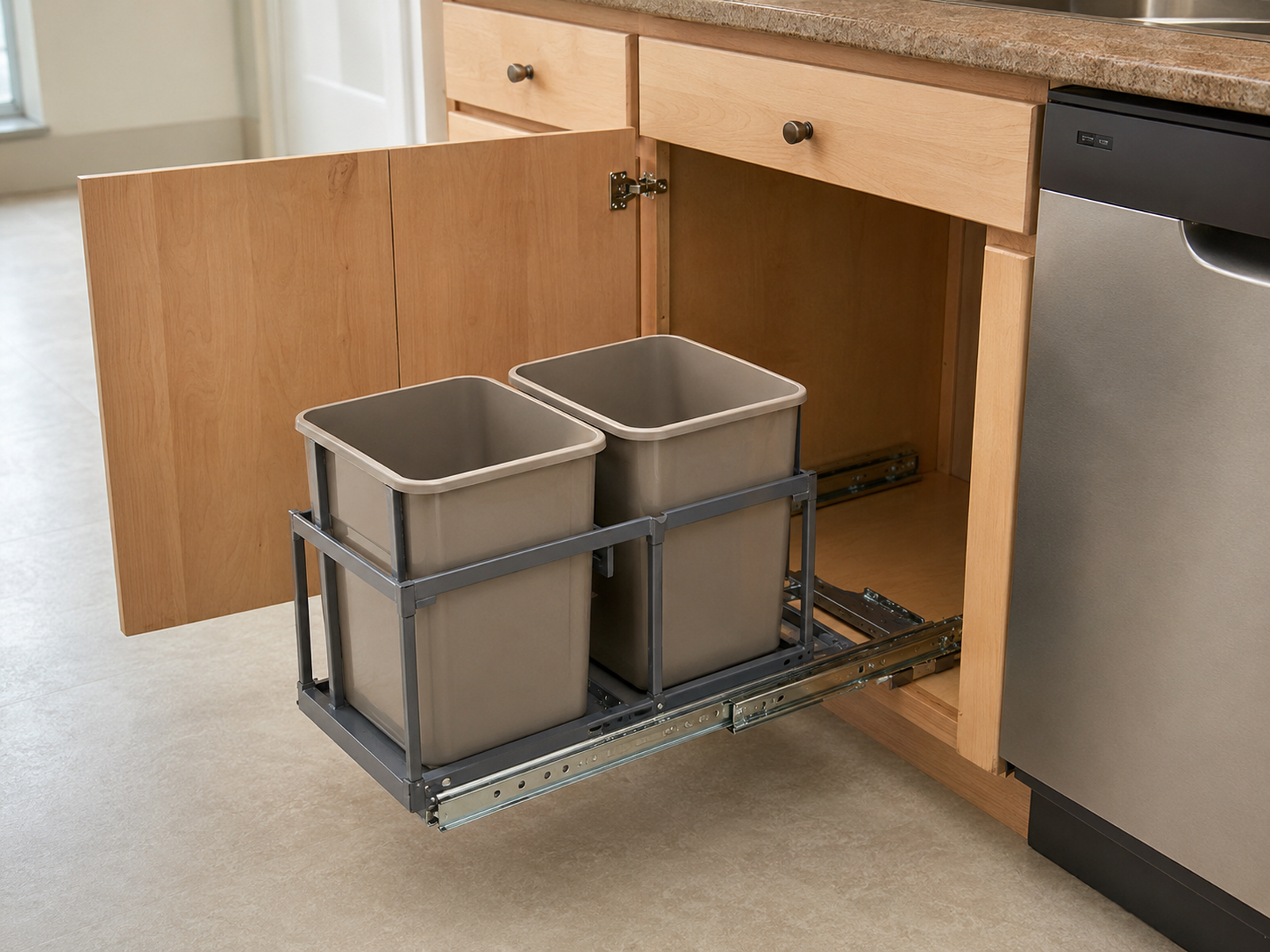 An installed two-bin pull-out waste frame extends fully from a small base cabinet, showing its fixed rails, dedicated cabinet space, and clear forward travel area.