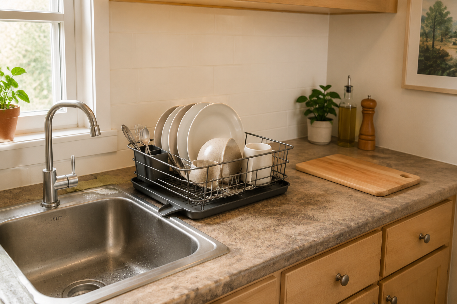 A compact dish rack beside a small kitchen sink holds a modest load of clean dishes while a drain spout reaches the basin and a cutting-board prep area remains open.