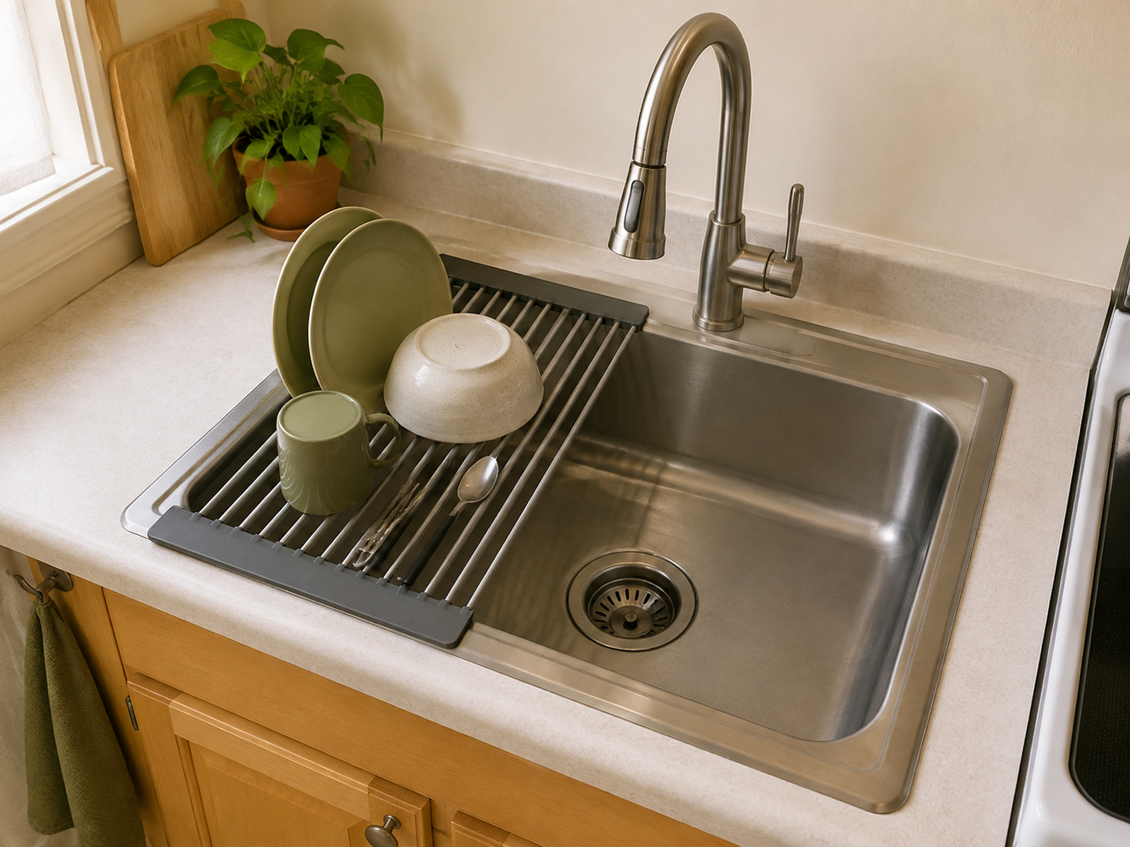 A removable slatted dish rack spans the left half of a small kitchen sink while the faucet, drain, and right side of the basin remain accessible.