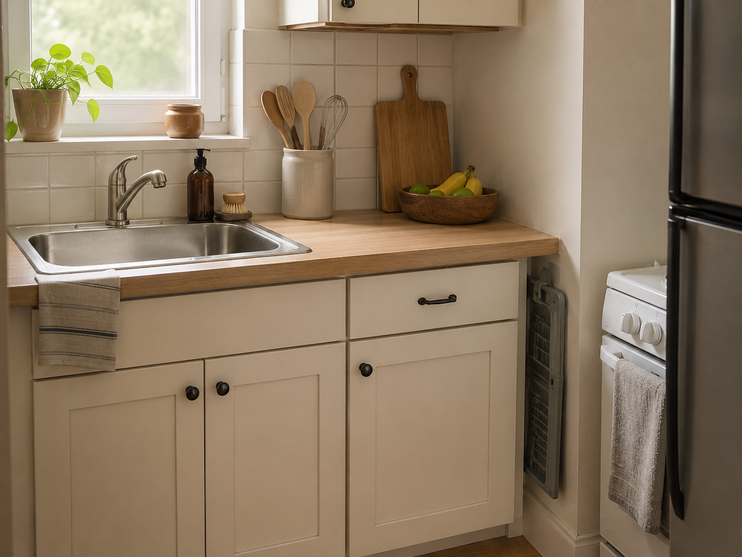 A folded dish-drying rack stored upright in a narrow side space beside a clear sink and counter in a small kitchen.