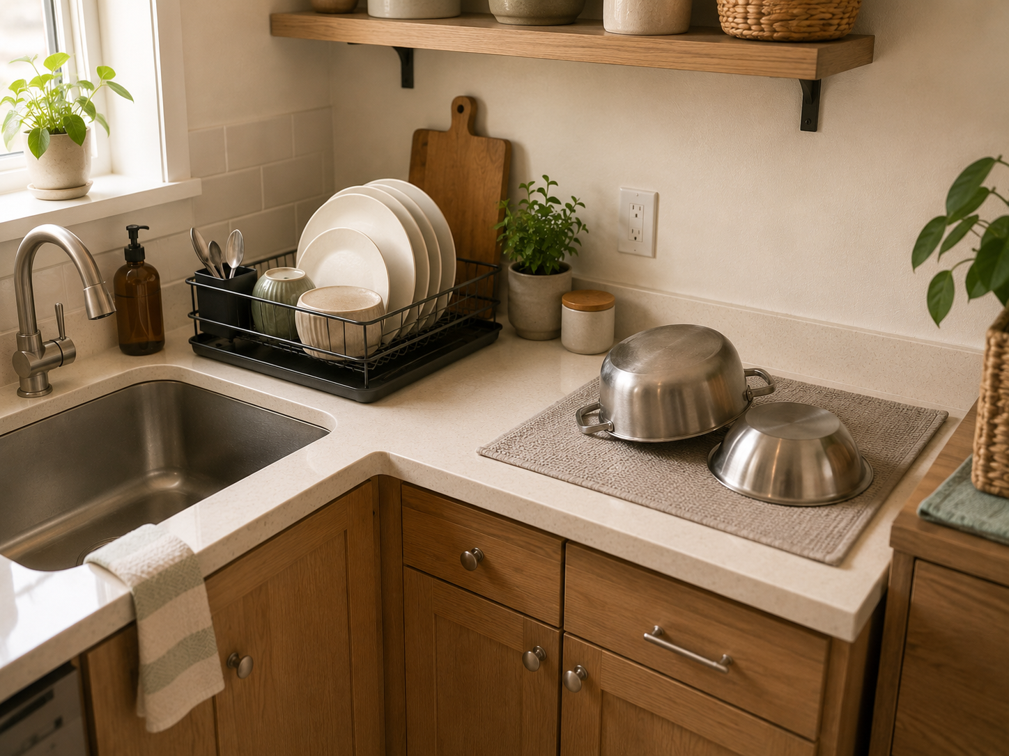 A small dish rack handles everyday dishes while a temporary drying mat holds bulky cookware beside the sink.