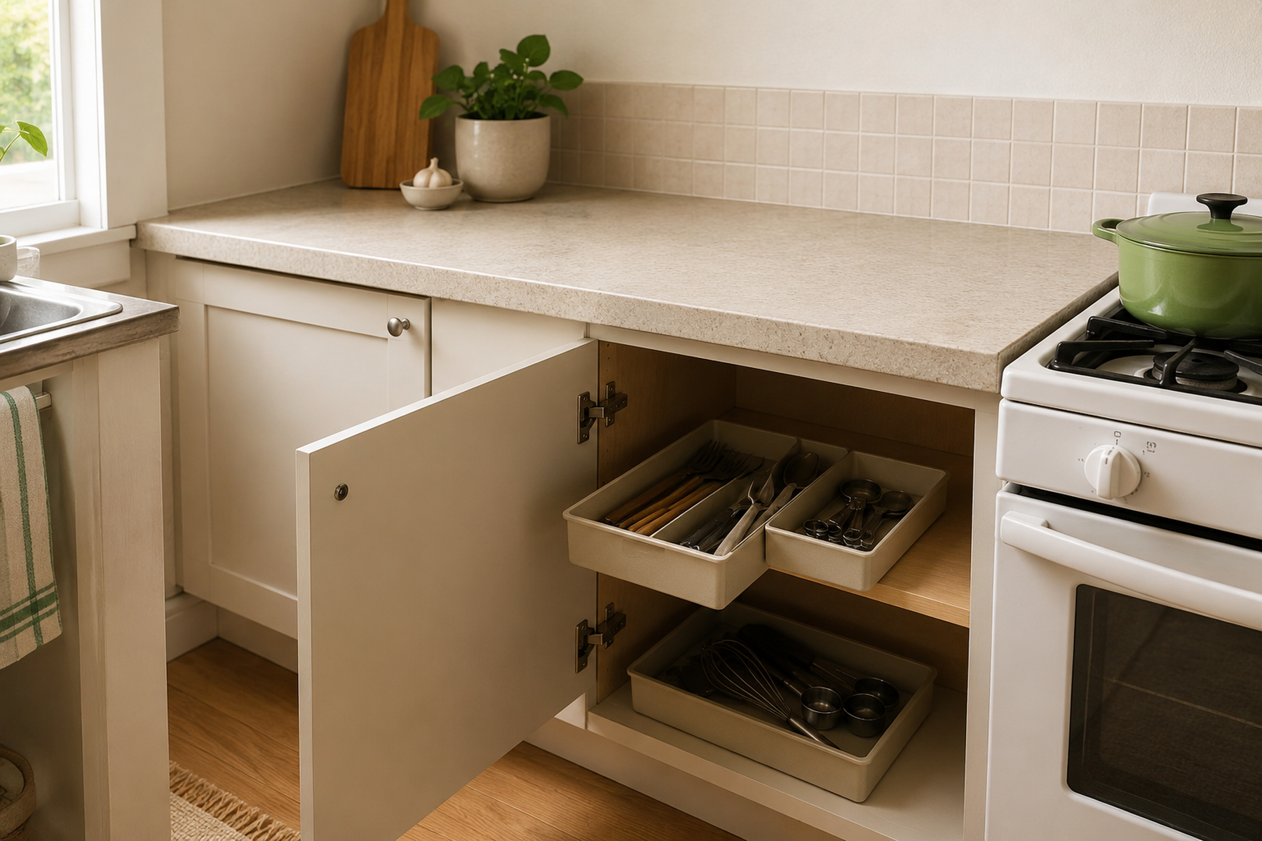 Compact no-drawer kitchen with an open base cabinet holding shallow removable trays for flatware and prep tools beneath a mostly clear counter.