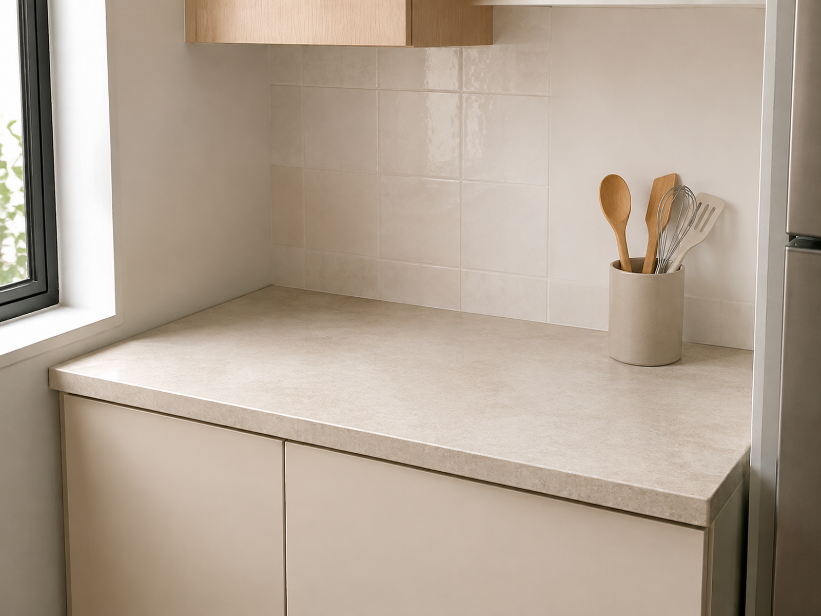Compact no-drawer kitchen counter with one small utensil holder at the edge and a larger clear prep area beside it.