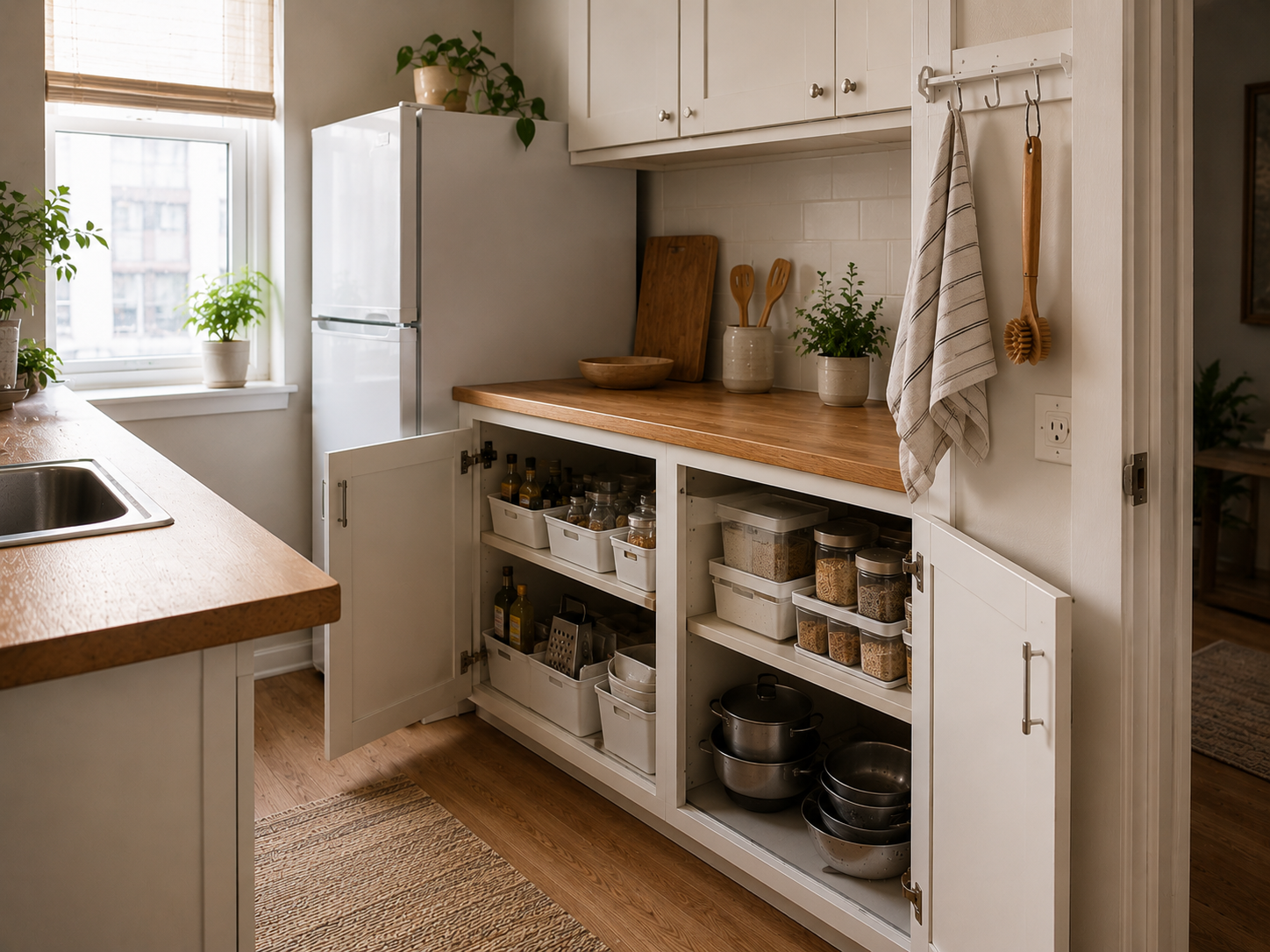 Wall-mounted hooks add vertical storage beside open cabinets in a compact kitchen with no drawers.