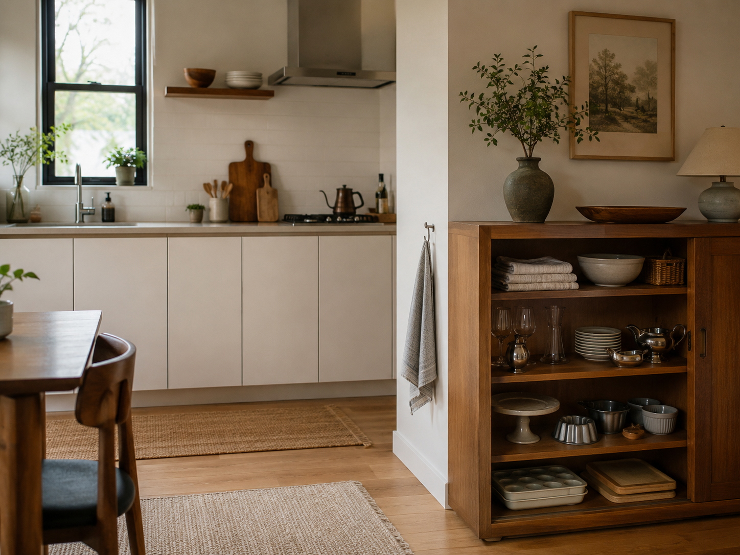 Lower-frequency kitchen items stored in a nearby sideboard to keep a compact no-drawer kitchen less crowded.