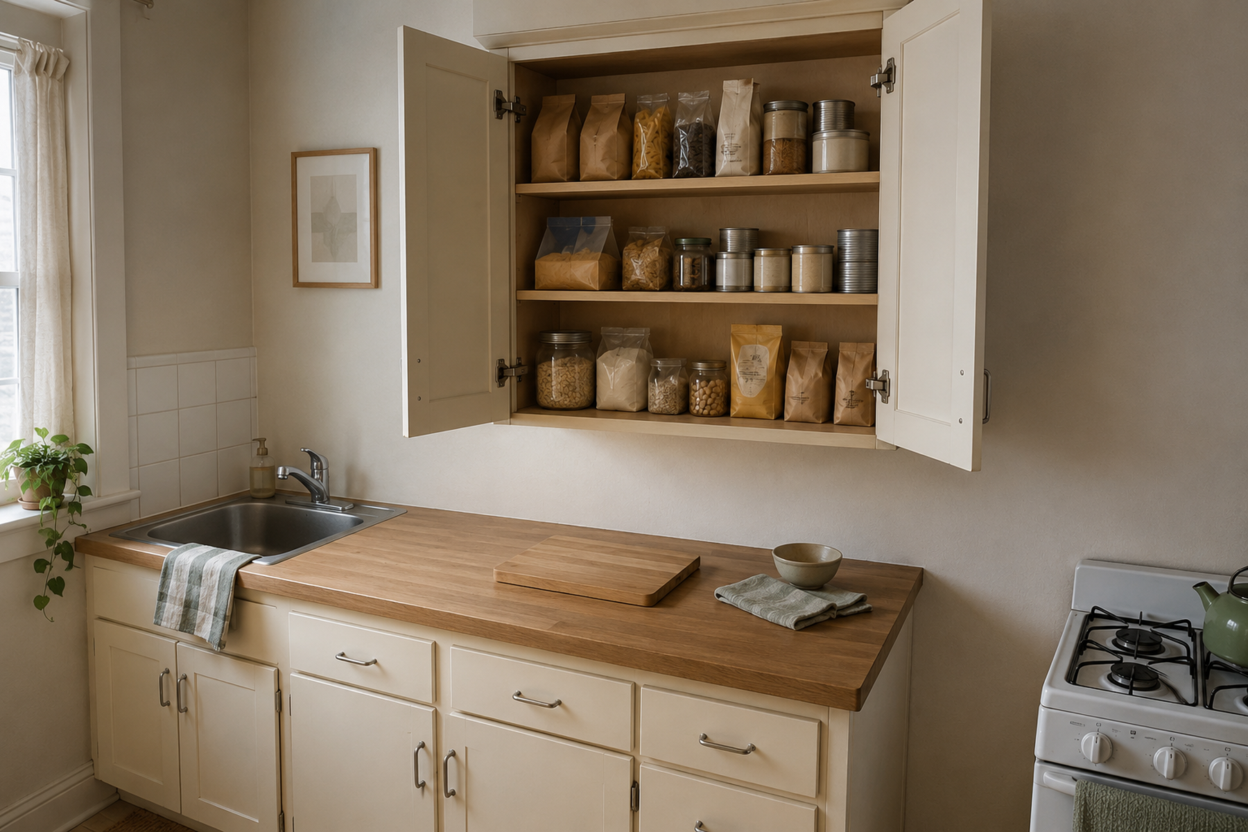 An open wall cabinet in a compact kitchen groups shelf-stable foods while a wood countertop stays clear for meal prep.
