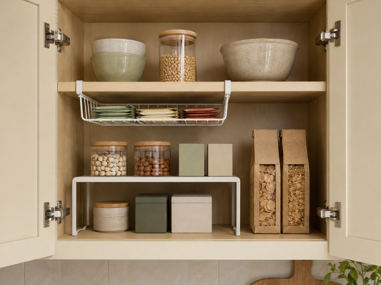 An open kitchen cabinet uses a shelf insert and removable under-shelf basket to organize pantry packages while leaving room for taller bags.