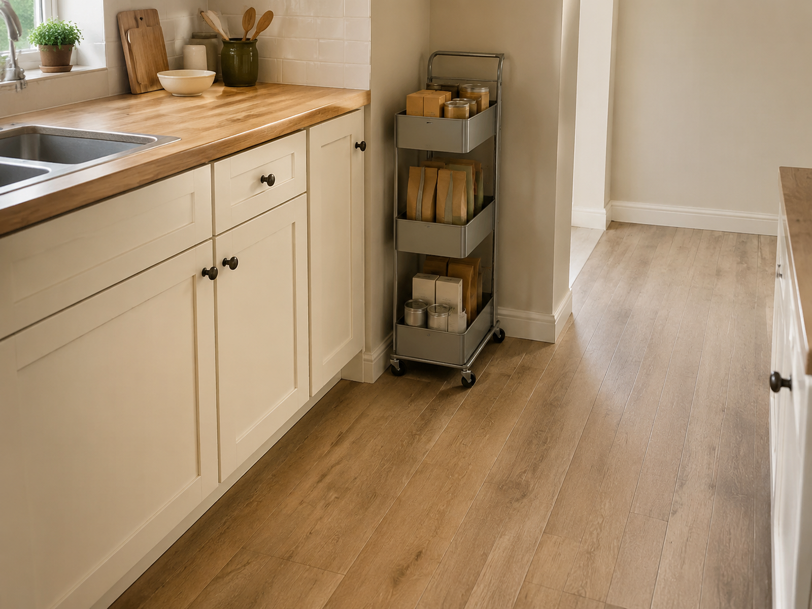 A narrow rolling cart with sealed pantry foods sits beside the end of a base-cabinet run, leaving cabinet fronts and the main walkway clear.