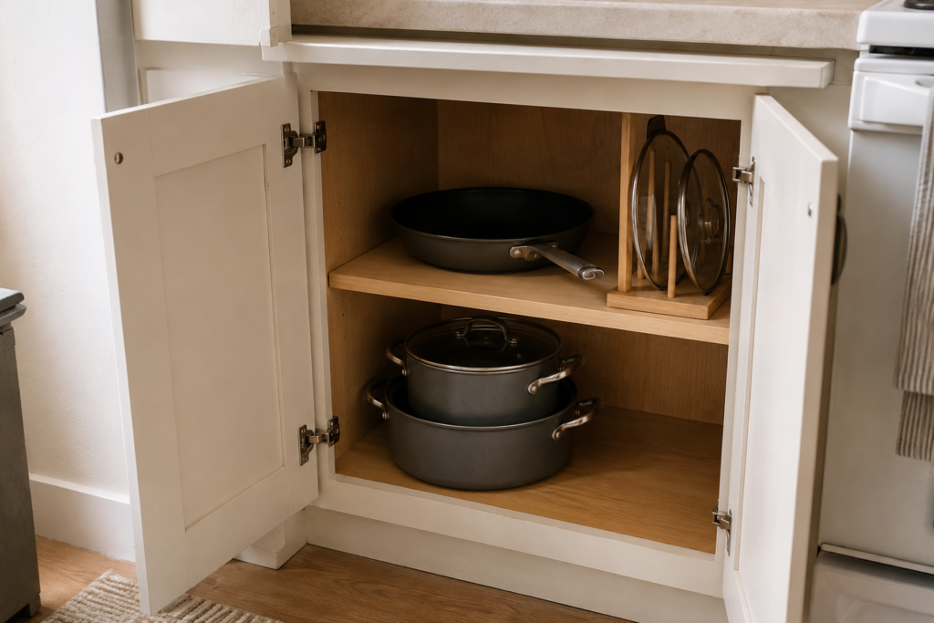 A compact lower kitchen cabinet with a front-access skillet, nested pots stored low, and lids held upright in a narrow side zone.