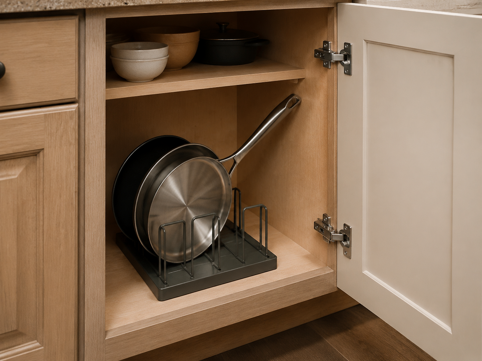 Two thin pans in a freestanding divider inside a compact cabinet, with the long skillet handle fully inside and clear of the door, hinges, and shelf.